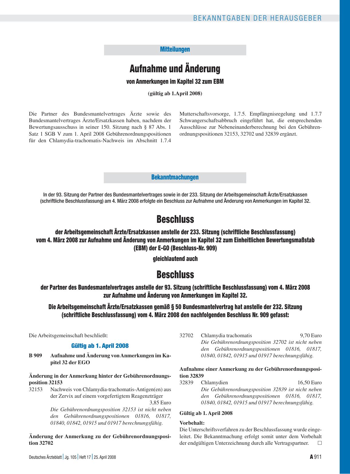 Vorschauseite 1: Mitteilungen: Aufnahme und Änderung von Anmerkungen im Kapitel 32 zum EBM