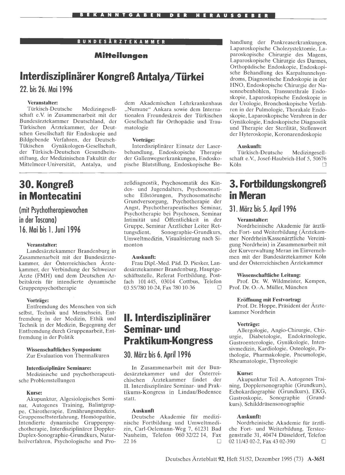 Vorschauseite 1: Mitteilungen: Interdisziplinärer Kongreß Antalya/Türkei