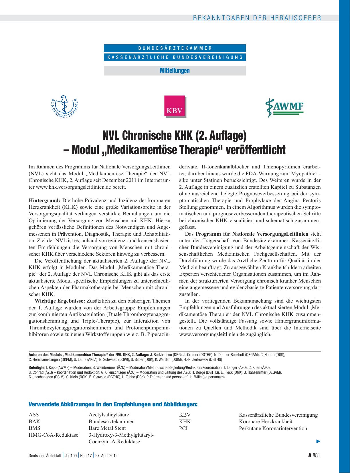 Vorschauseite 1: NVL Chronische KHK (2. Auflage) – Modul „Medikamentöse Therapie“ veröffentlicht