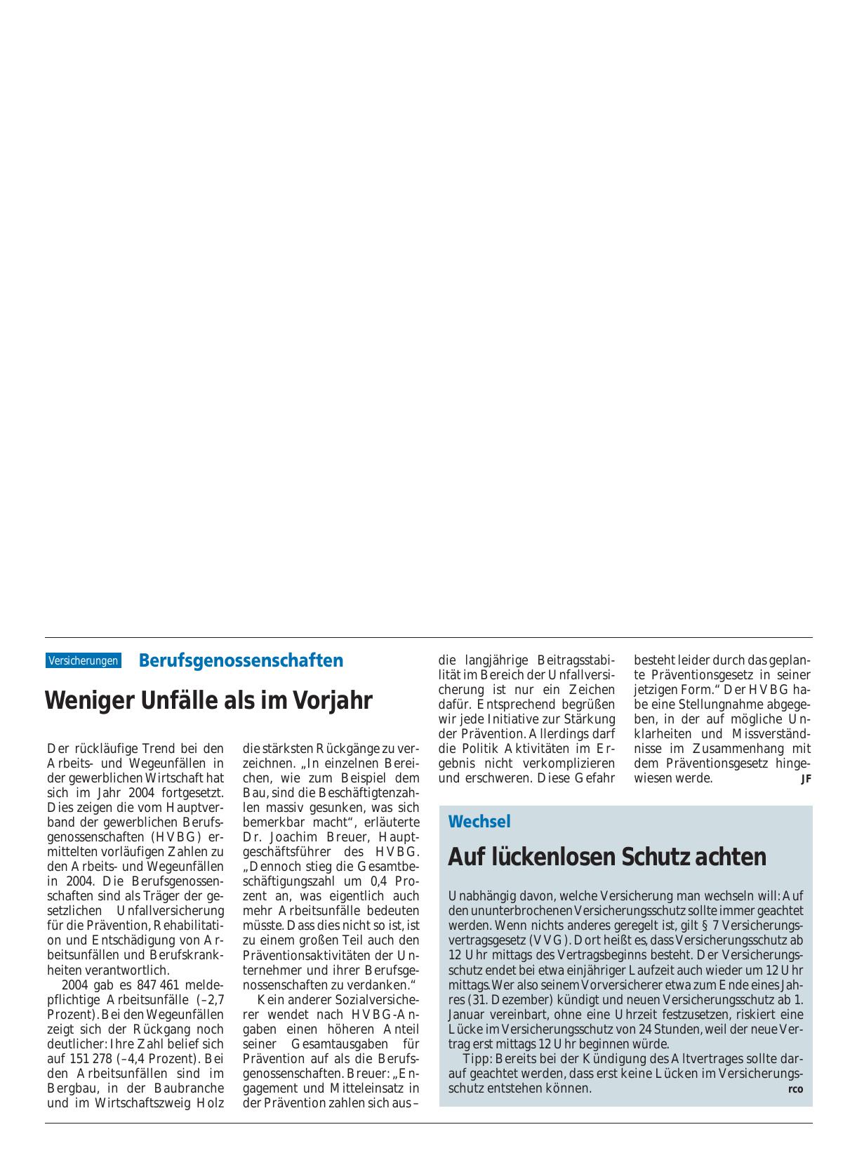 Vorschauseite 1: Berufsgenossenschaften: Weniger Unfälle als im Vorjahr