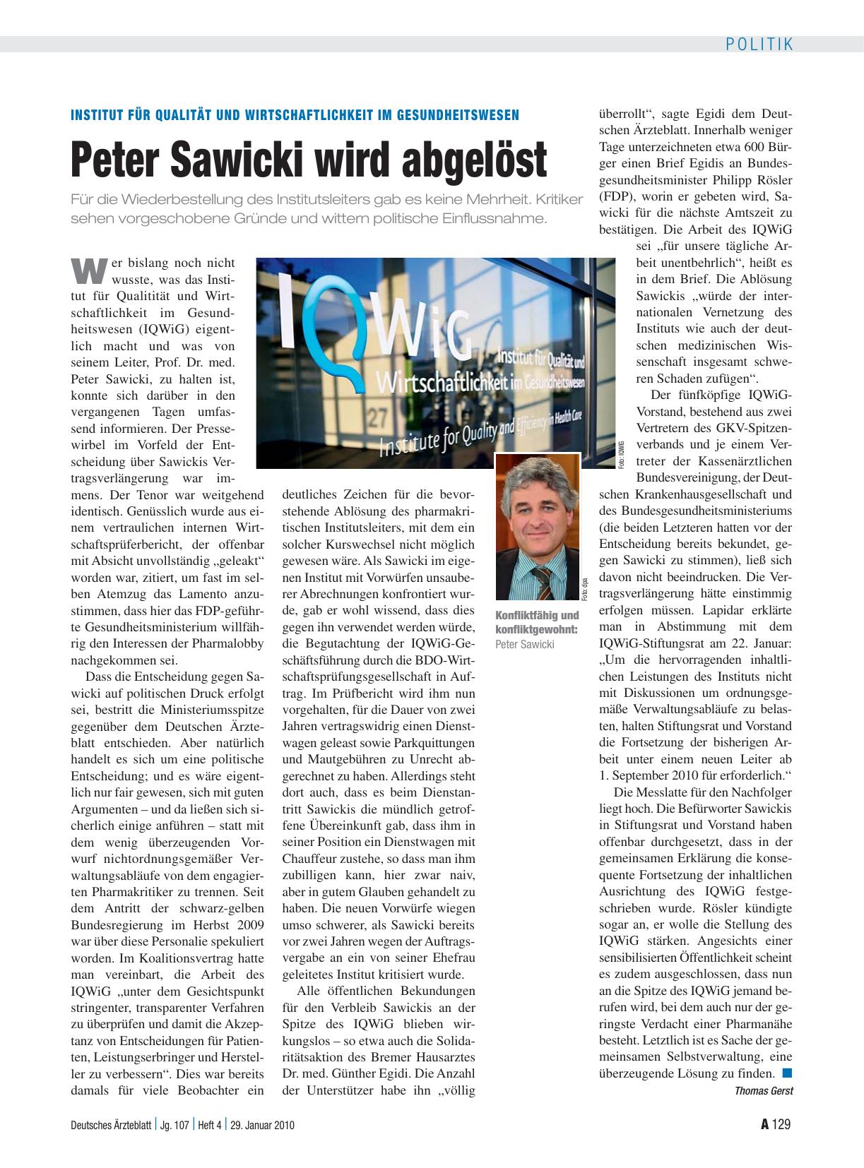 Vorschauseite 1: Institut für Qualität und Wirtschaftlichkeit im Gesundheitswesen: Peter Sawicki wird abgelöst