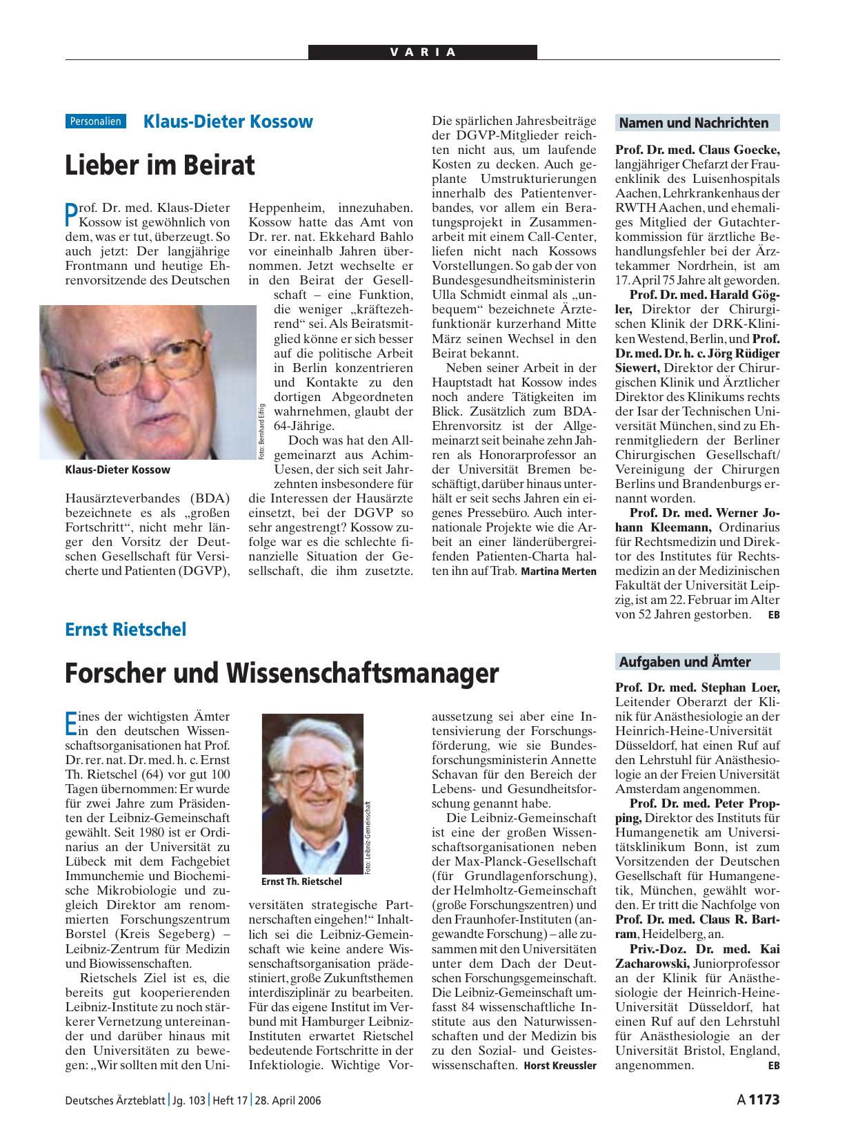 Vorschauseite 1: Klaus-Dieter Kossow: Lieber im Beirat