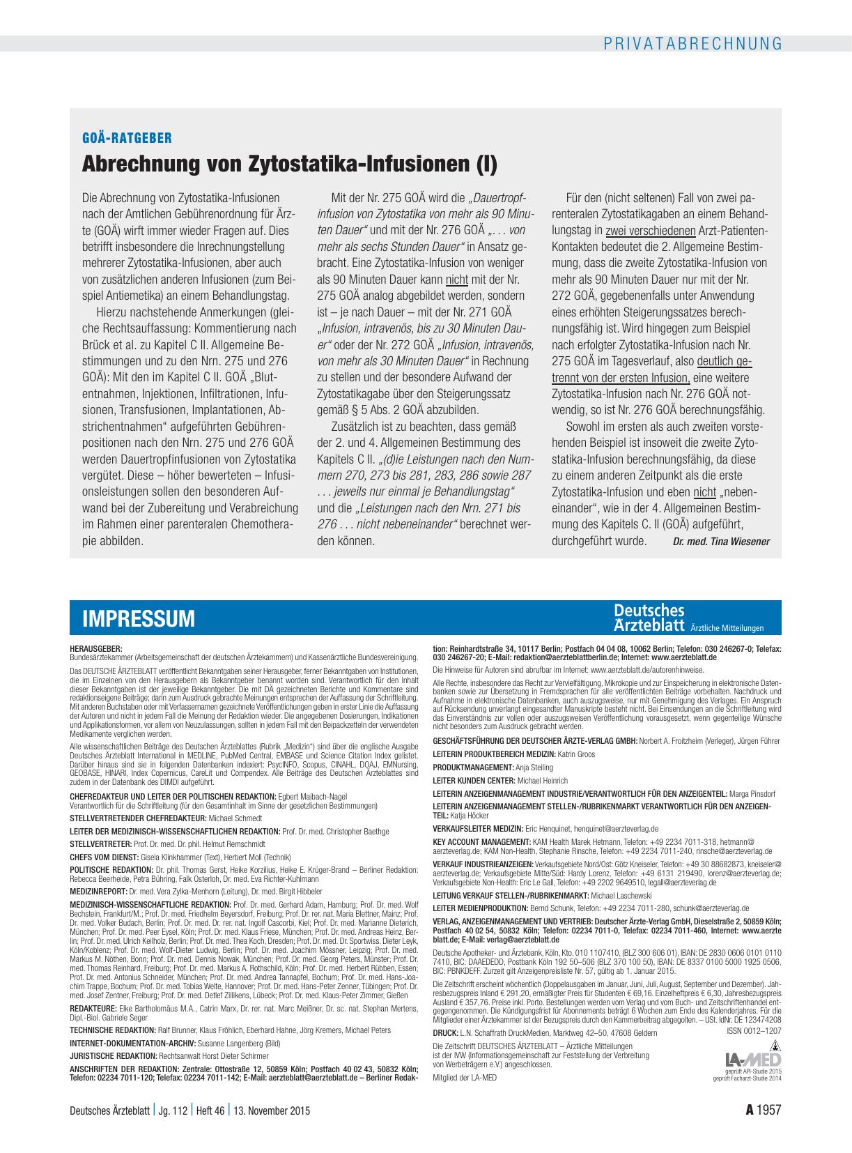 Vorschauseite 1: GOÄ-Ratgeber: Abrechnung von Zytostatika-Infusionen (I)
