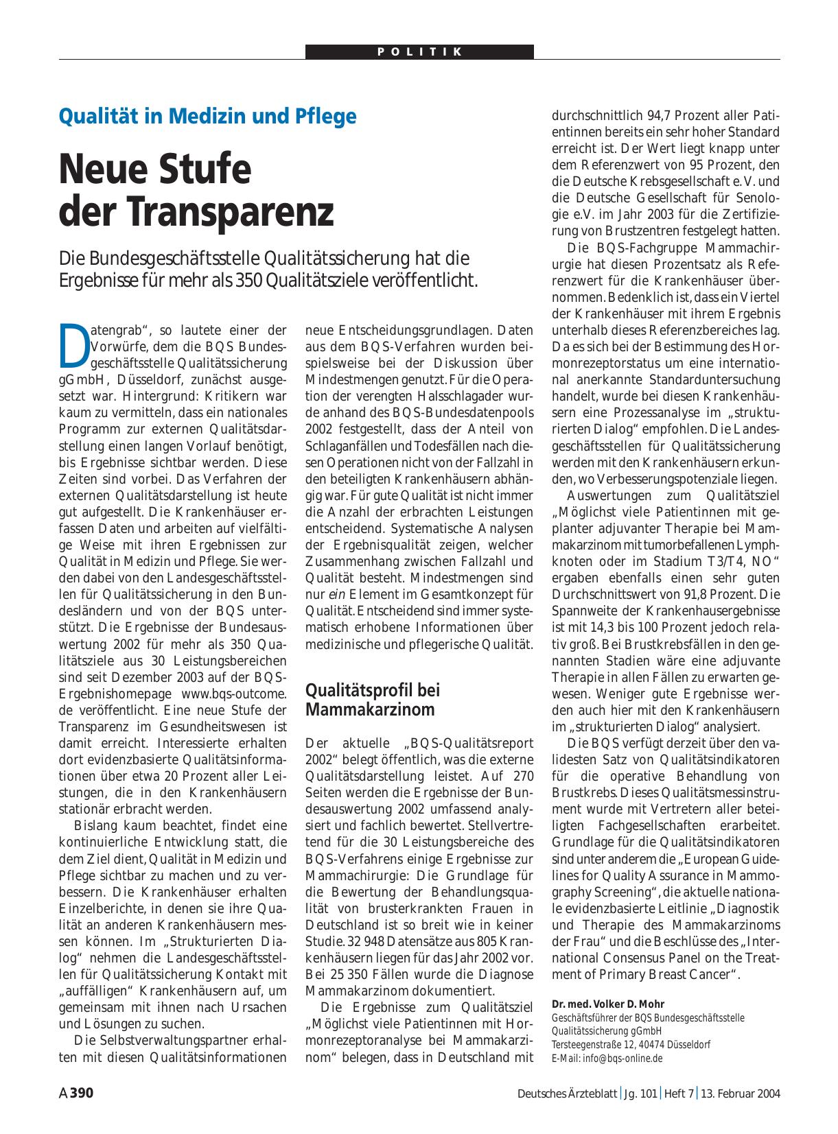 Vorschauseite 1: Qualität in Medizin und Pflege: Neue Stufe der Transparenz