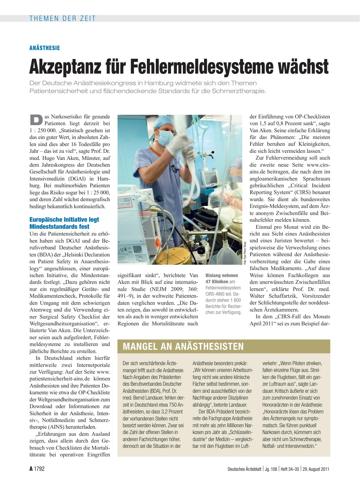 Vorschauseite 1: Anästhesie: Akzeptanz für Fehlermeldesysteme wächst