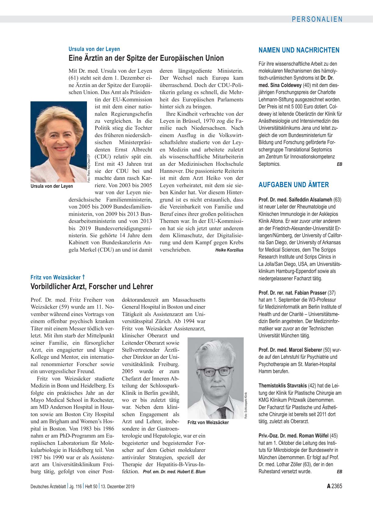 Vorschauseite 1: Fritz von Weizsäcker †: Vorbildlicher Arzt, Forscher und Lehrer