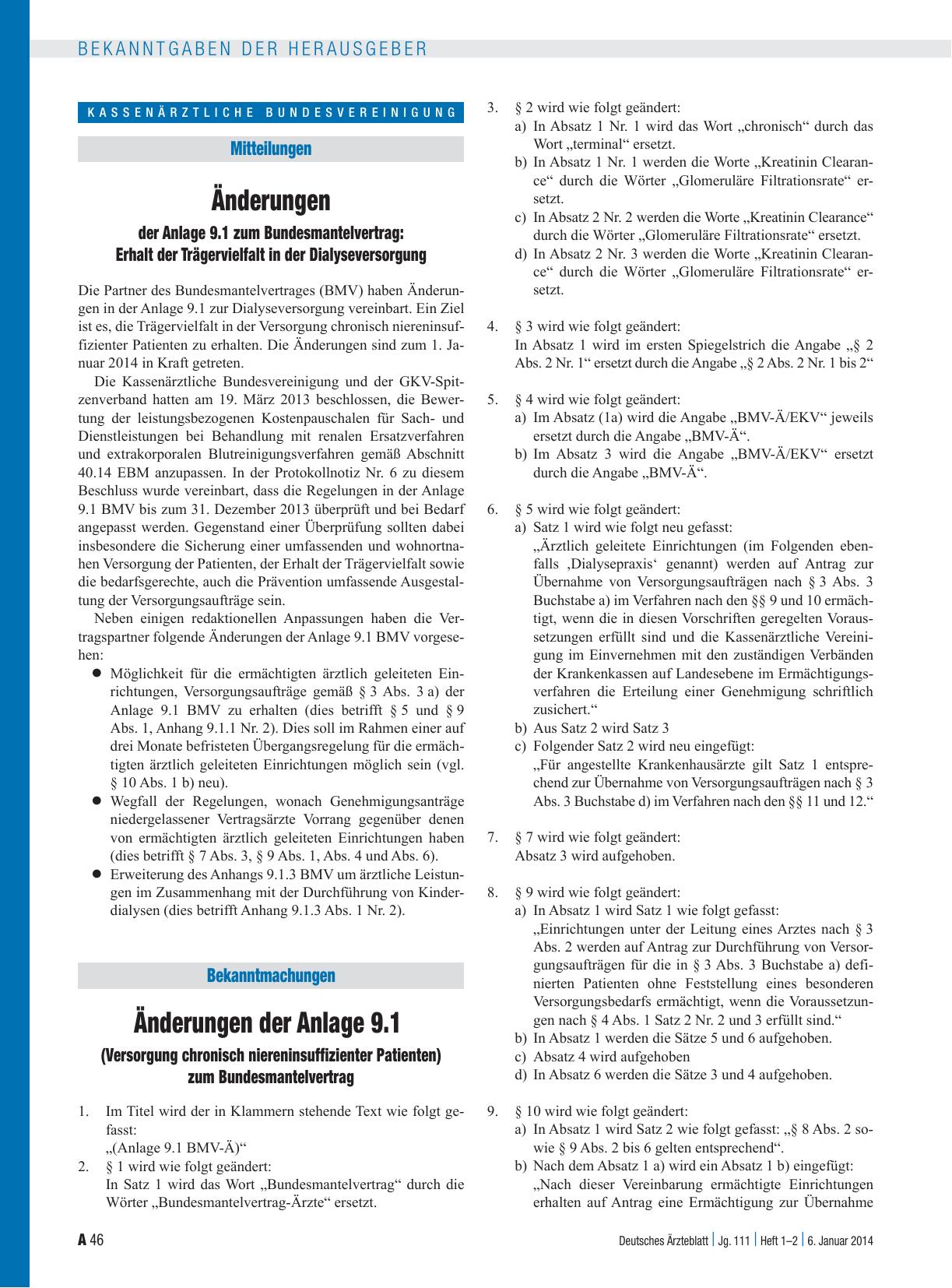 Vorschauseite 1: Änderungen der Anlage 9. 1 zum Bundesmantelvertrag: Erhalt der Trägervielfalt in der Dialyseversorgung – Änderungen der Anlage 9. 1 (Versorgung chronisch niereninsuffizienter Pati…