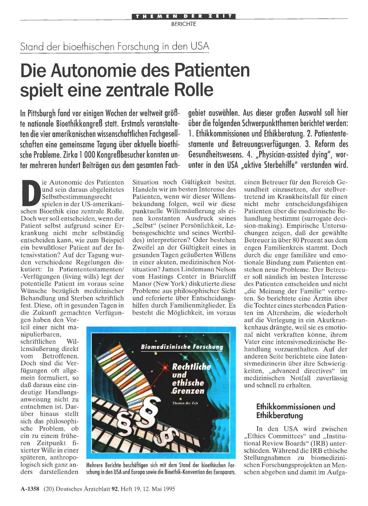 Vorschauseite 1: Stand der bioethischen Forschung in den USA: Die Autonomie des Patienten spielt eine zentrale Rolle