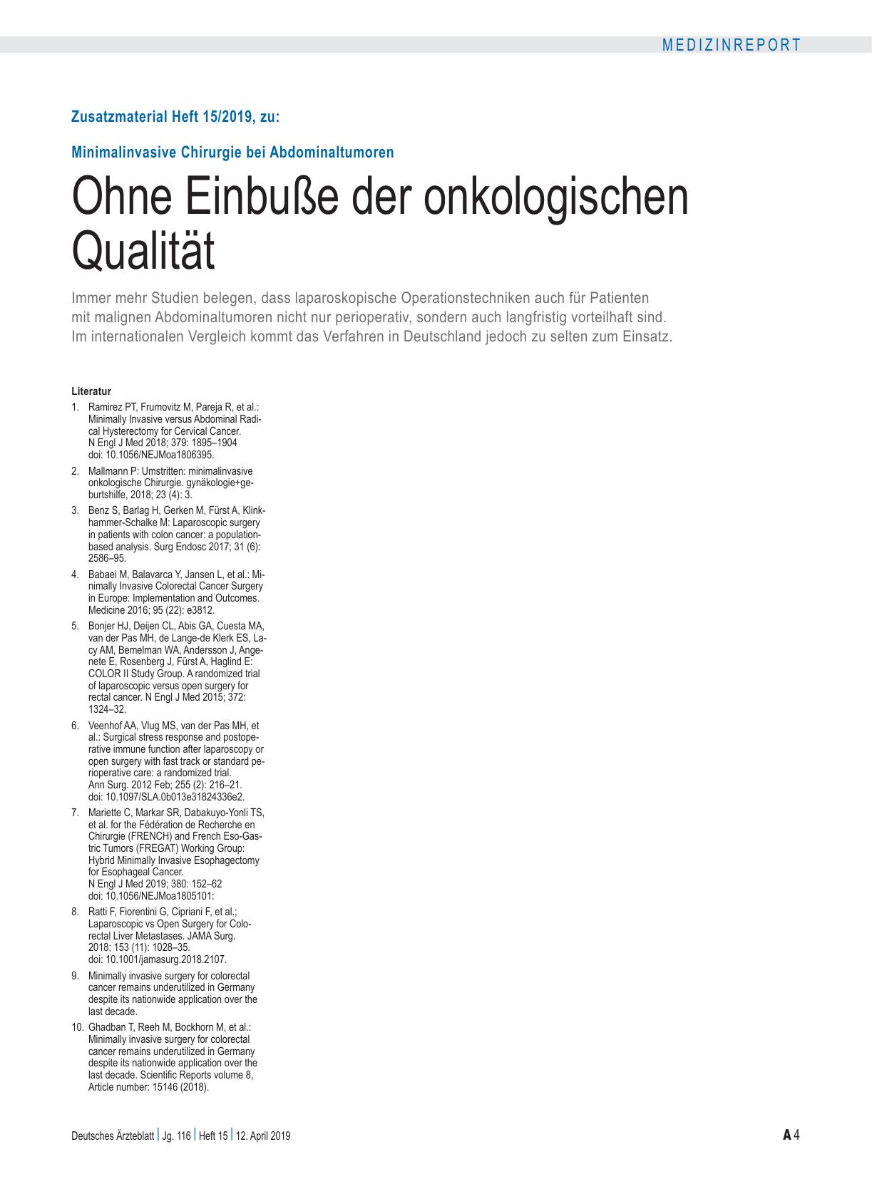 Vorschauseite 4: Minimalinvasive Chirurgie bei Abdominaltumoren: Ohne Einbuße der onkologischen Qualität