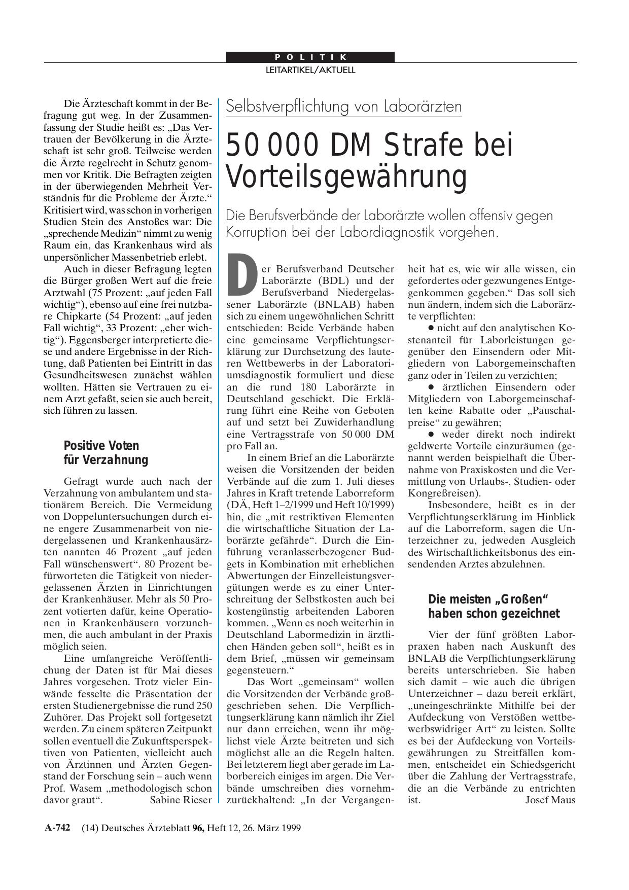 Vorschauseite 1: Selbstverpflichtung von Laborärzten: 50 000 DM Strafe bei Vorteilsgewährung