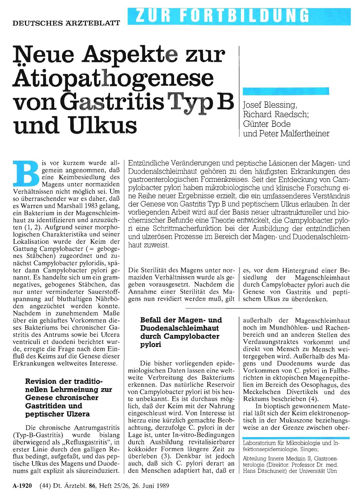 Vorschauseite 1: Neue Aspekte zur Atiopathogenese von Gastritis Typ B und Ulkus