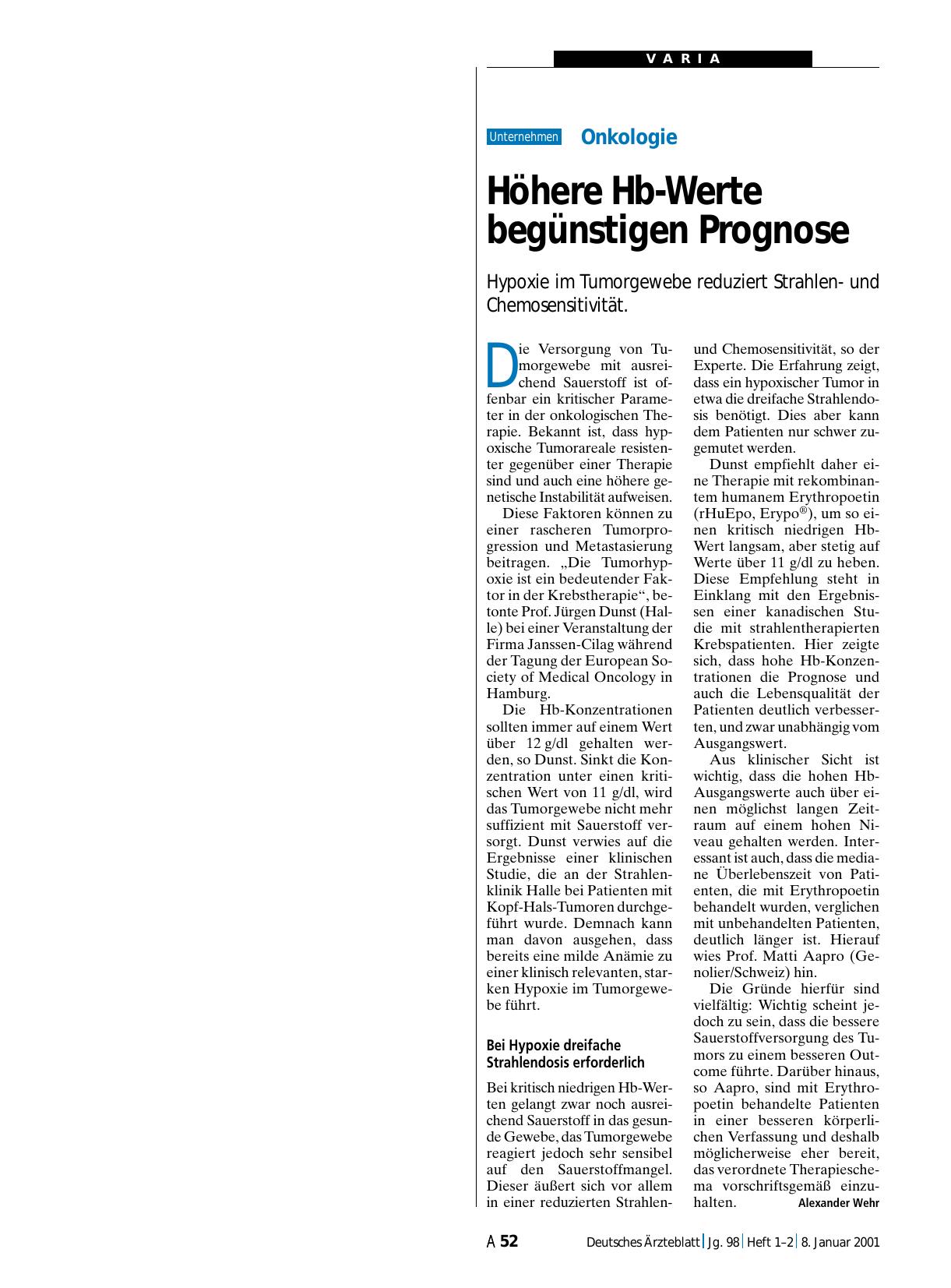 Vorschauseite 1: Onkologie: Höhere Hb-Werte begünstigen Prognose