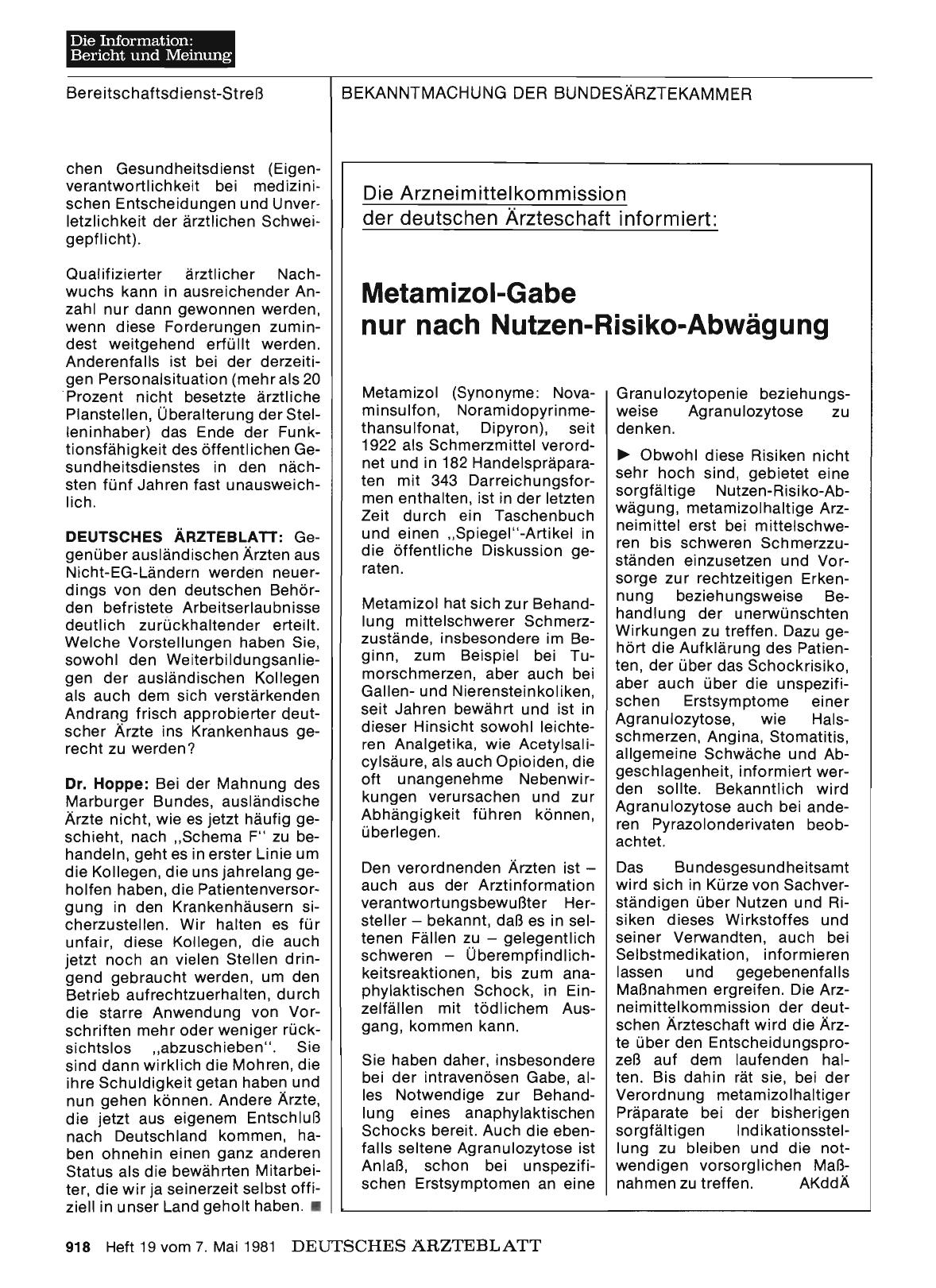 Vorschauseite 1: Die Arzneimittelkommission der deutschen Ärzteschaft informiert: Metamizoi-Gabe nur nach Nutzen-Risiko-Abwägung