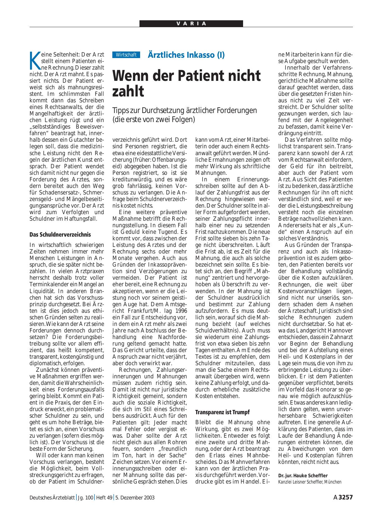 Vorschauseite 1: Ärztliches Inkasso (I): Wenn der Patient nicht zahlt