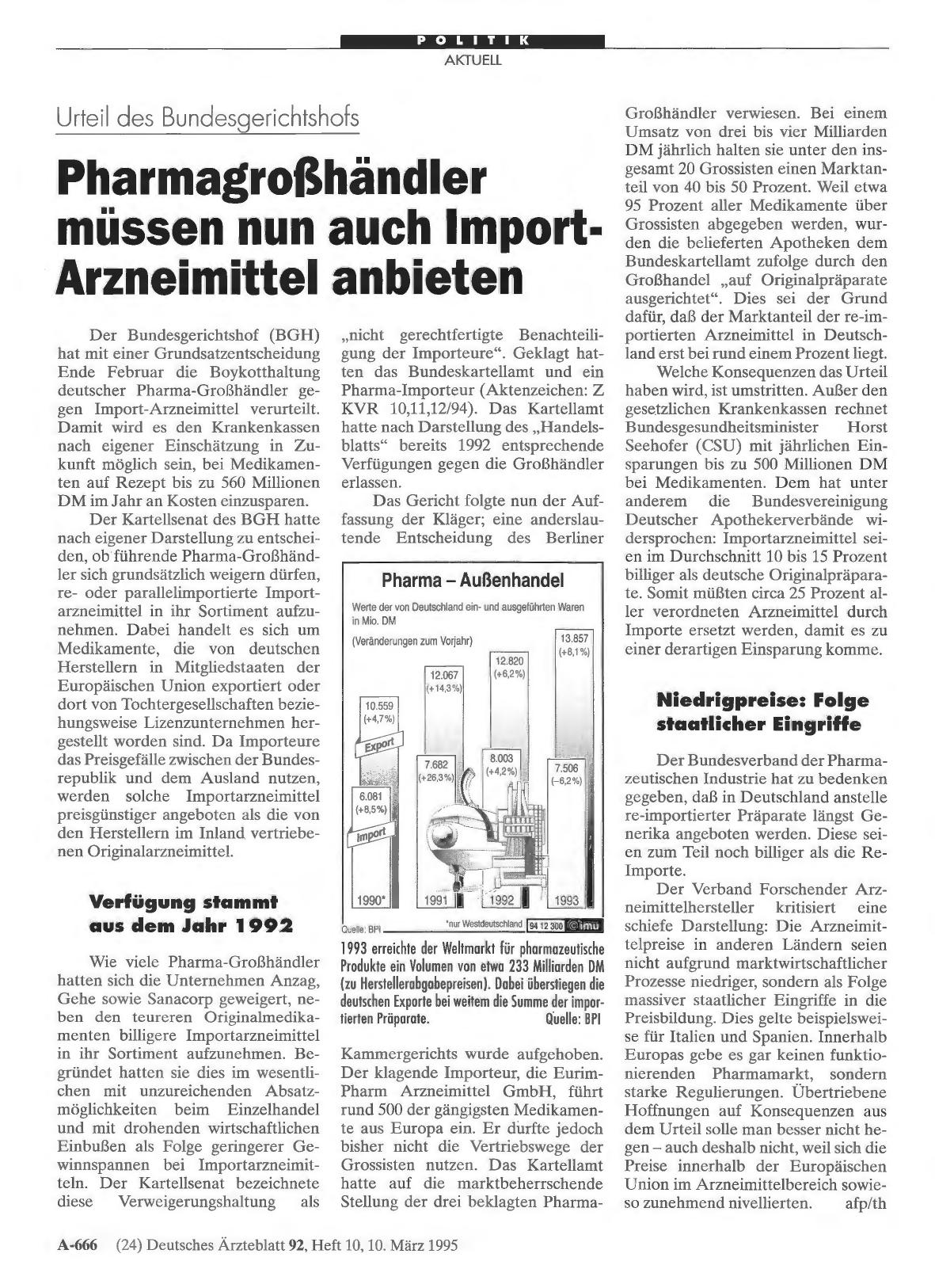 Vorschauseite 1: Urteil des Bundesgerichtshofs: Pharmagroßhändler müssen nun auch Import-Arzneimittel anbieten
