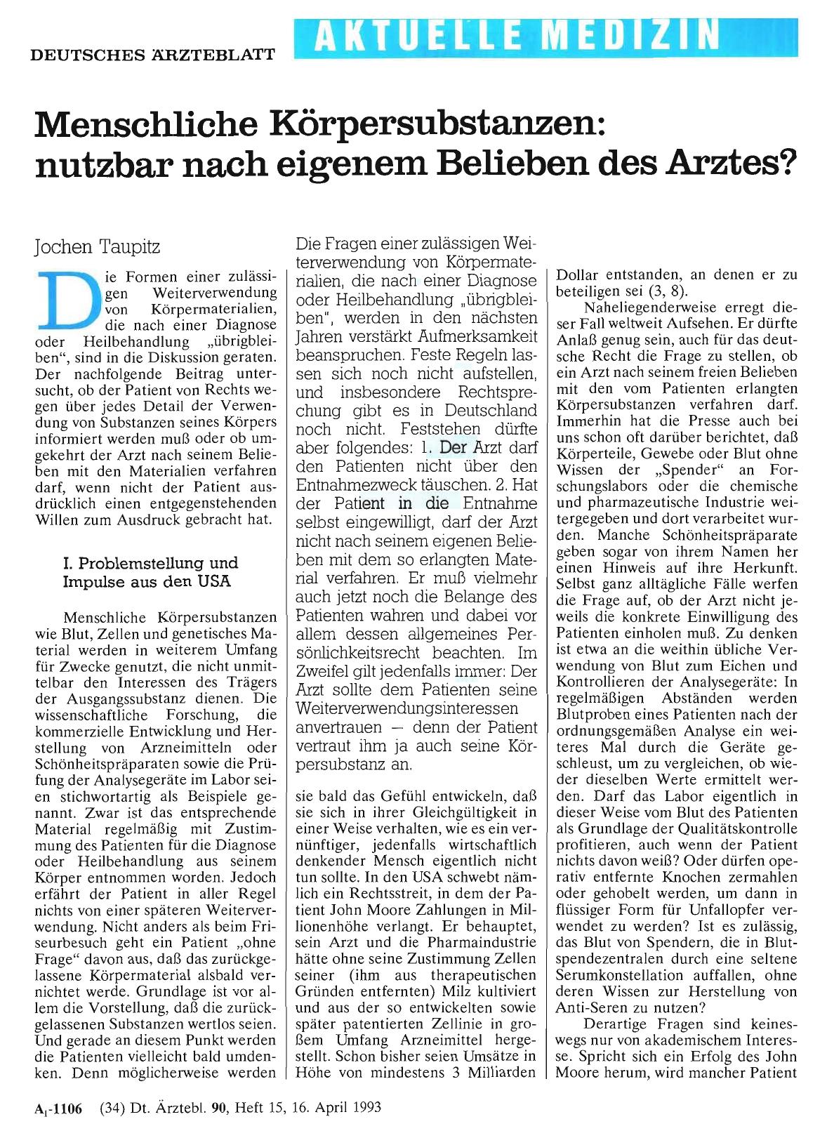 Vorschauseite 1: Menschliche Körpersubstanzen: nutzbar nach eigenem Belieben des Arztes?