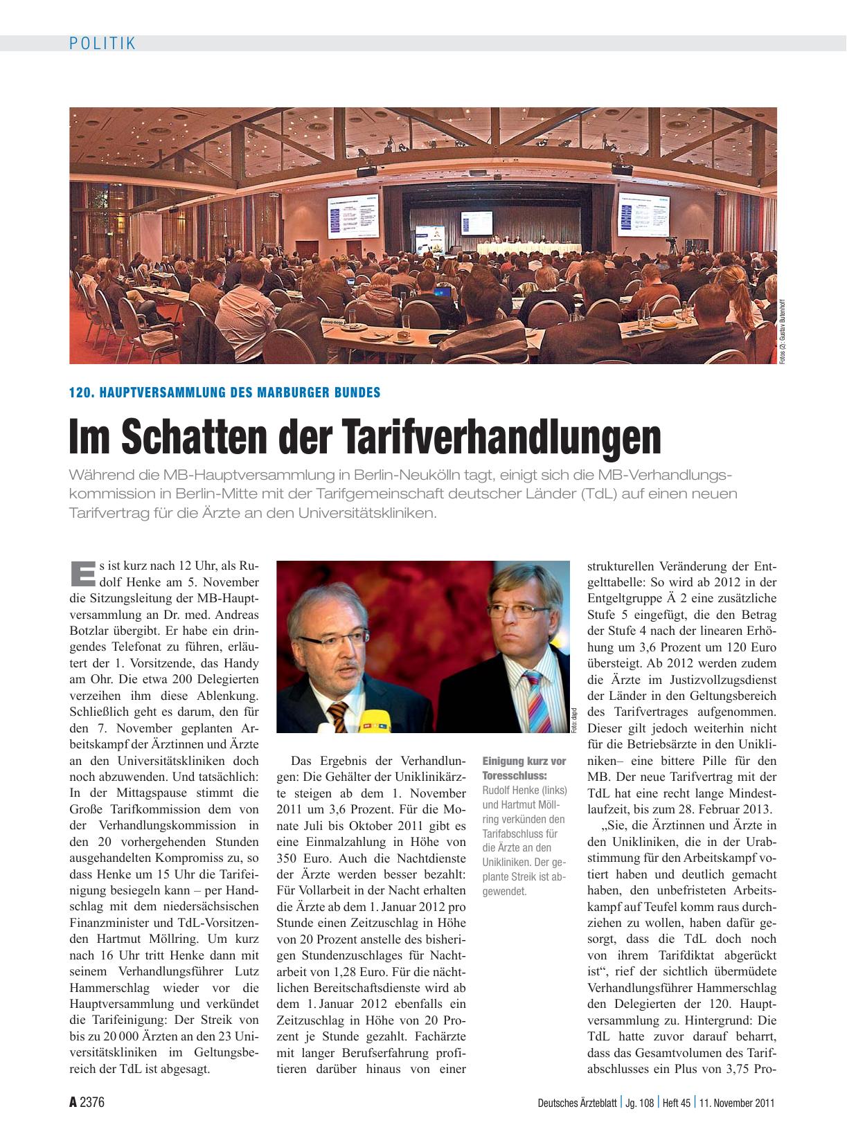 Vorschauseite 1: 120. Hauptversammlung des Marburger Bundes: Im Schatten der Tarifverhandlungen