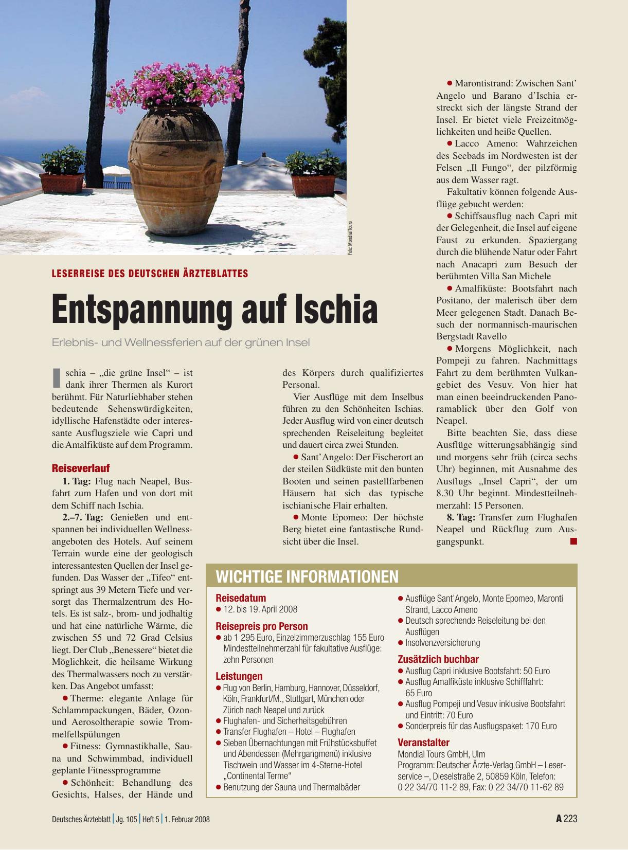 Vorschauseite 1: Leserreise des Deutschen Ärzteblattes: Entspannung auf Ischia