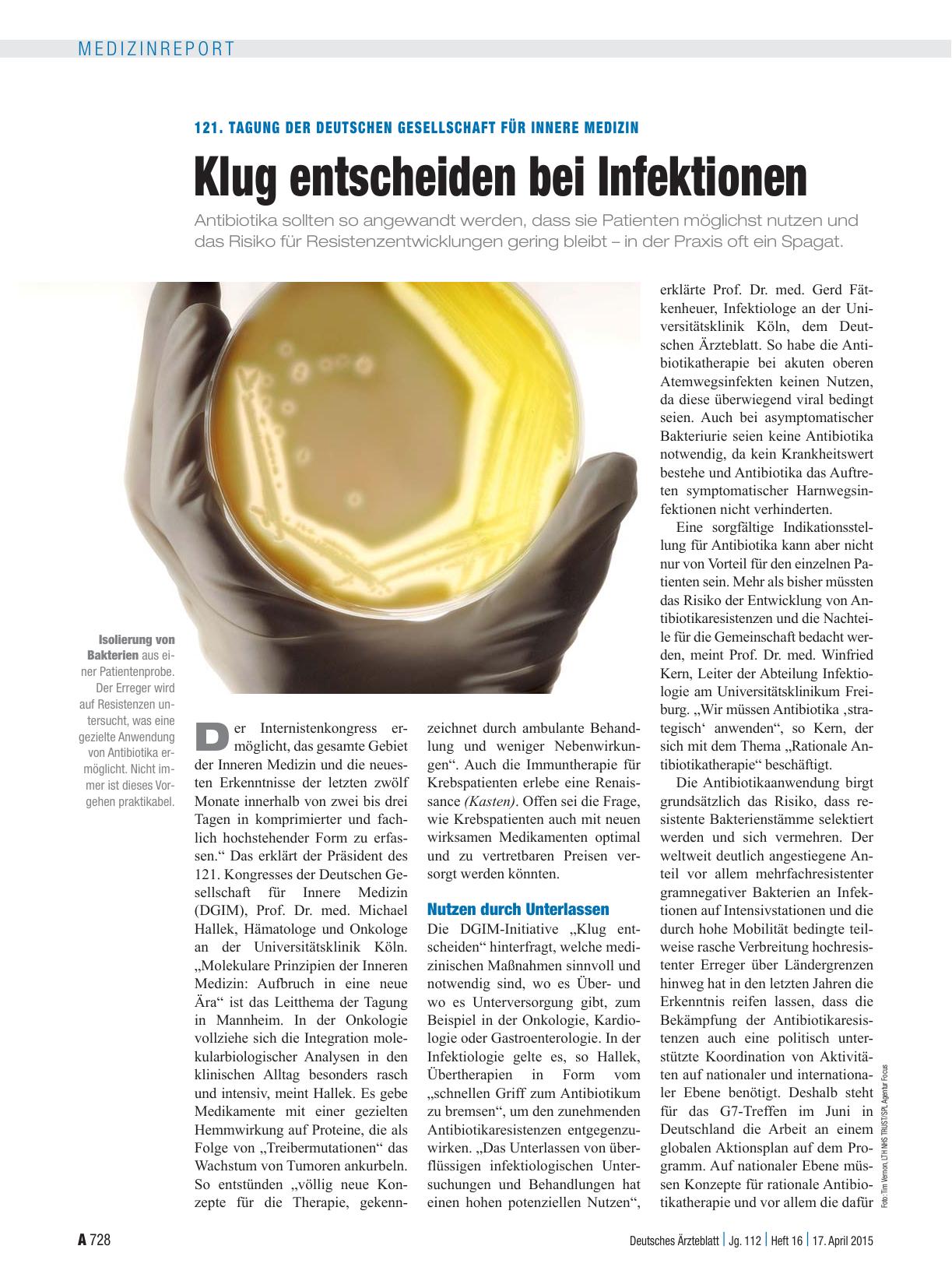 Vorschauseite 1: 121. Tagung der Deutschen Gesellschaft für Innere Medizin: Klug entscheiden bei Infektionen
