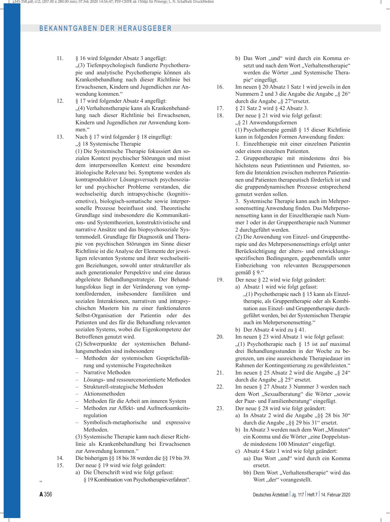 Vorschauseite 2: Beschluss des Gemeinsamen Bundesausschusses über eine Änderung der Richtlinie über die Durchführung der Psychotherapie (Psychotherapie-Richtlinie): Systemische Therapie bei Erwach…