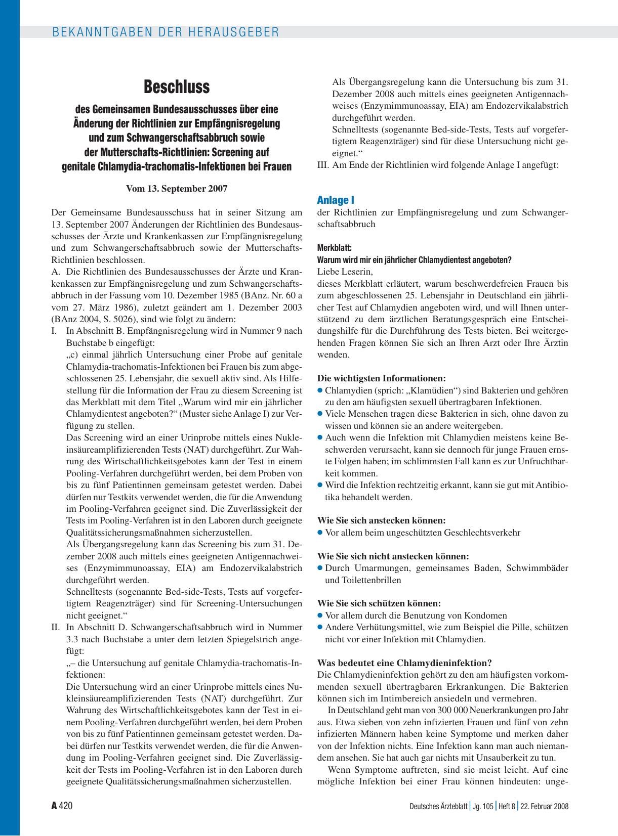 Vorschauseite 1: Beschluss des Gemeinsamen Bundesausschusses über eine Änderung der Richtlinien zur Empfängnisregelung und zum Schwangerschaftsabbruch sowie der Mutterschafts-Richtlinien: Screenin…