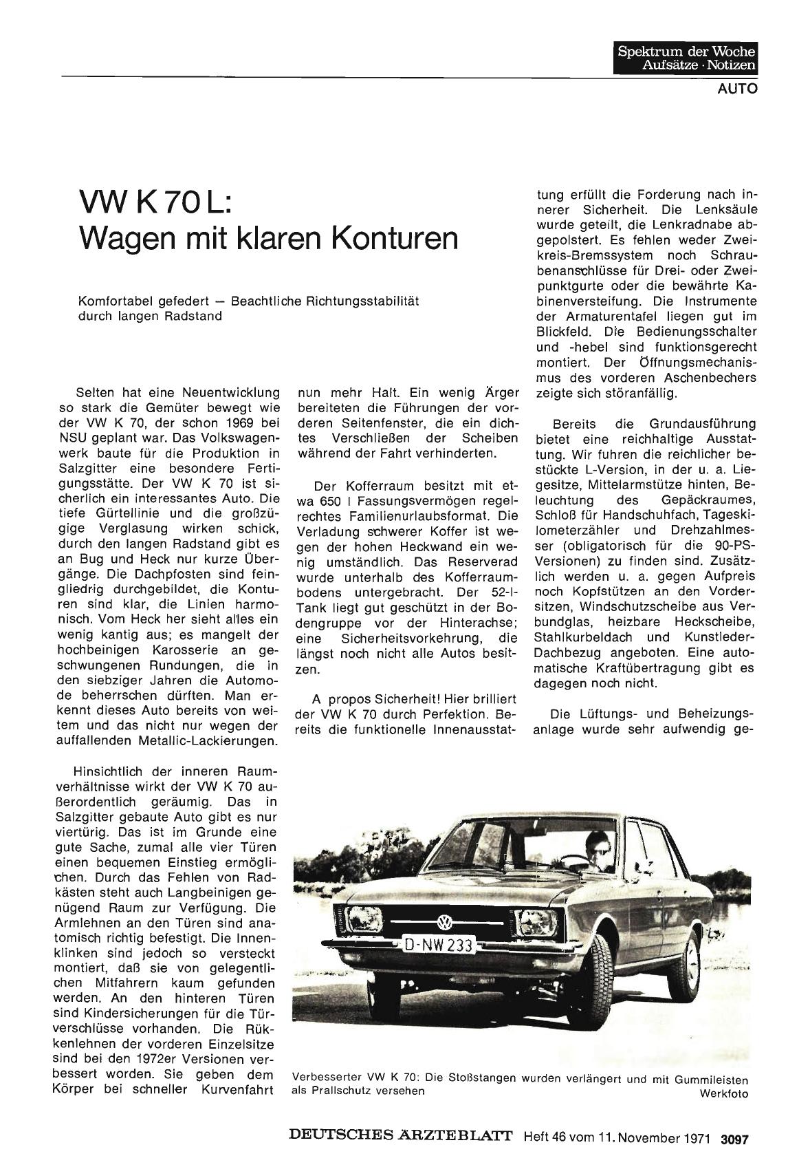 Vorschauseite 1: VW K 70 L: Wagen mit klaren Konturen