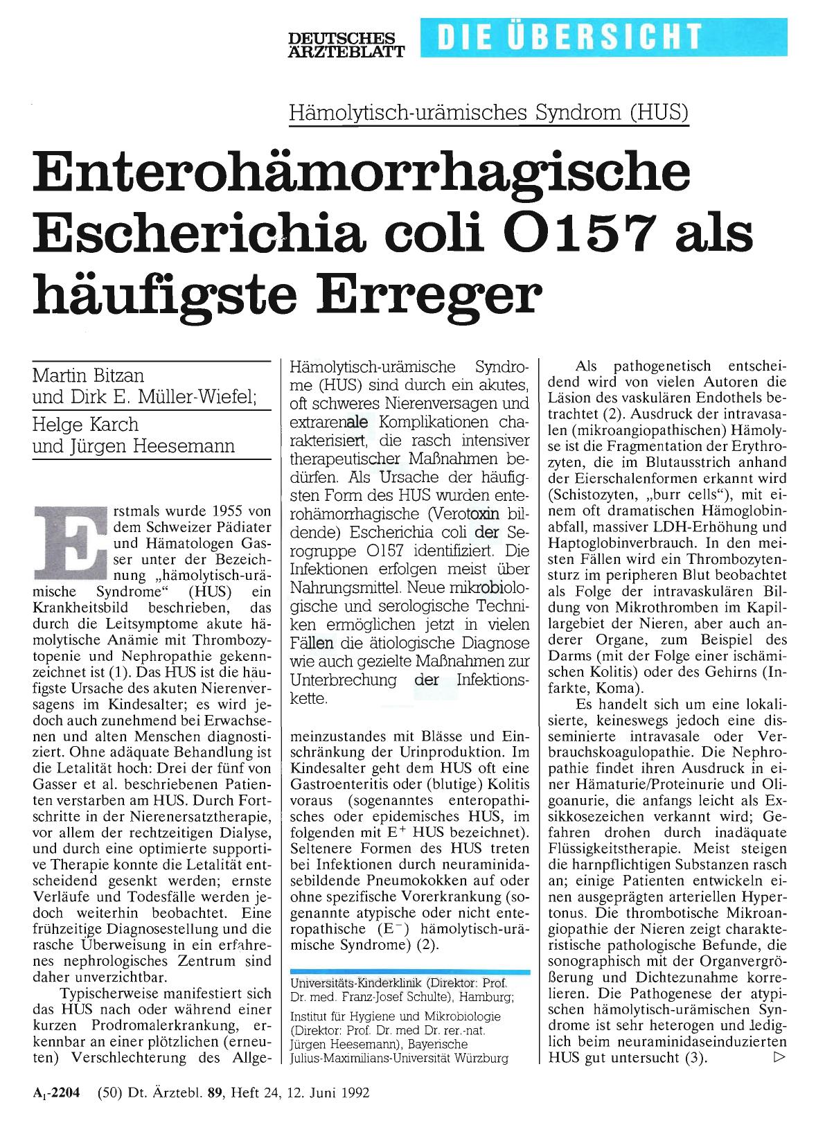 Vorschauseite 1: Hämolytisch-urämisches Syndrom (HUS): Enterohämorrhagische Escherichia coli 0157 als häufigste Erreger
