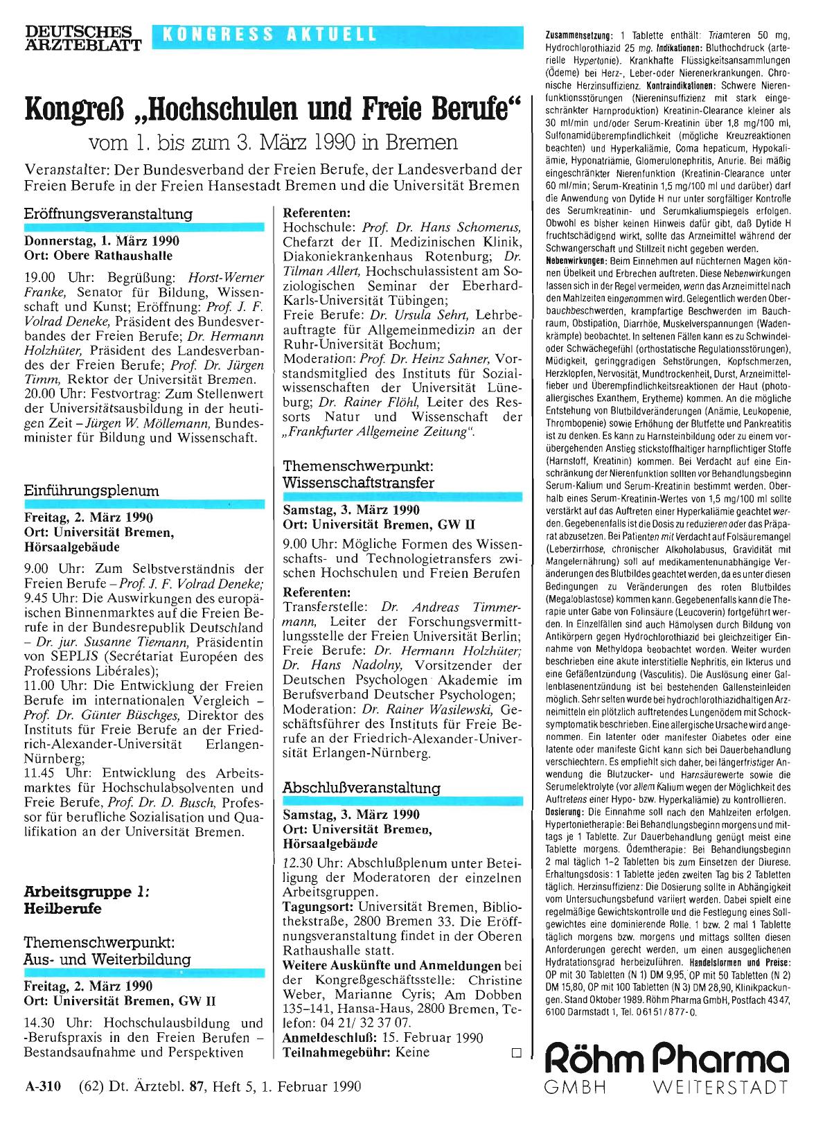 Vorschauseite 1: Kongreß „Hochschulen und Freie Berufe“ vom 1. bis zum 3. März 1990 in Bremen