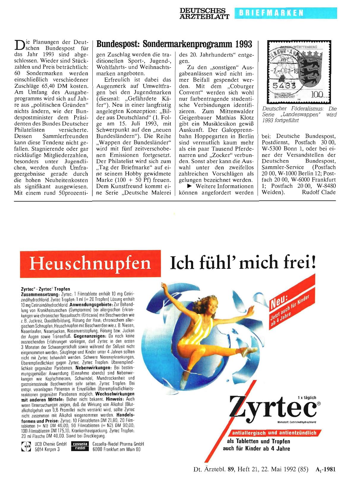 Vorschauseite 1: Bundespost: Sondennarkenprogramrn 1993