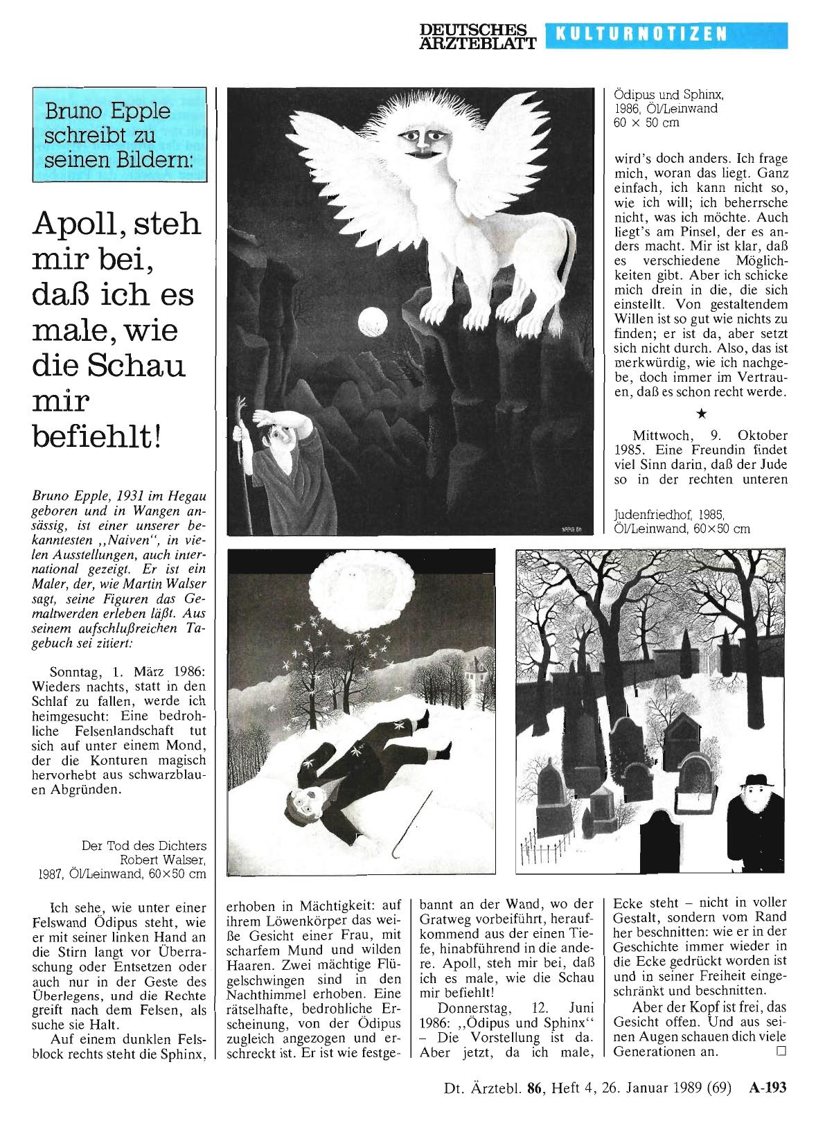 Vorschauseite 1: Bruno Epple schreibt zu seinen Bildern: Apoll, steh mir bei, daß ich es male, wie die Schau mir befiehlt!