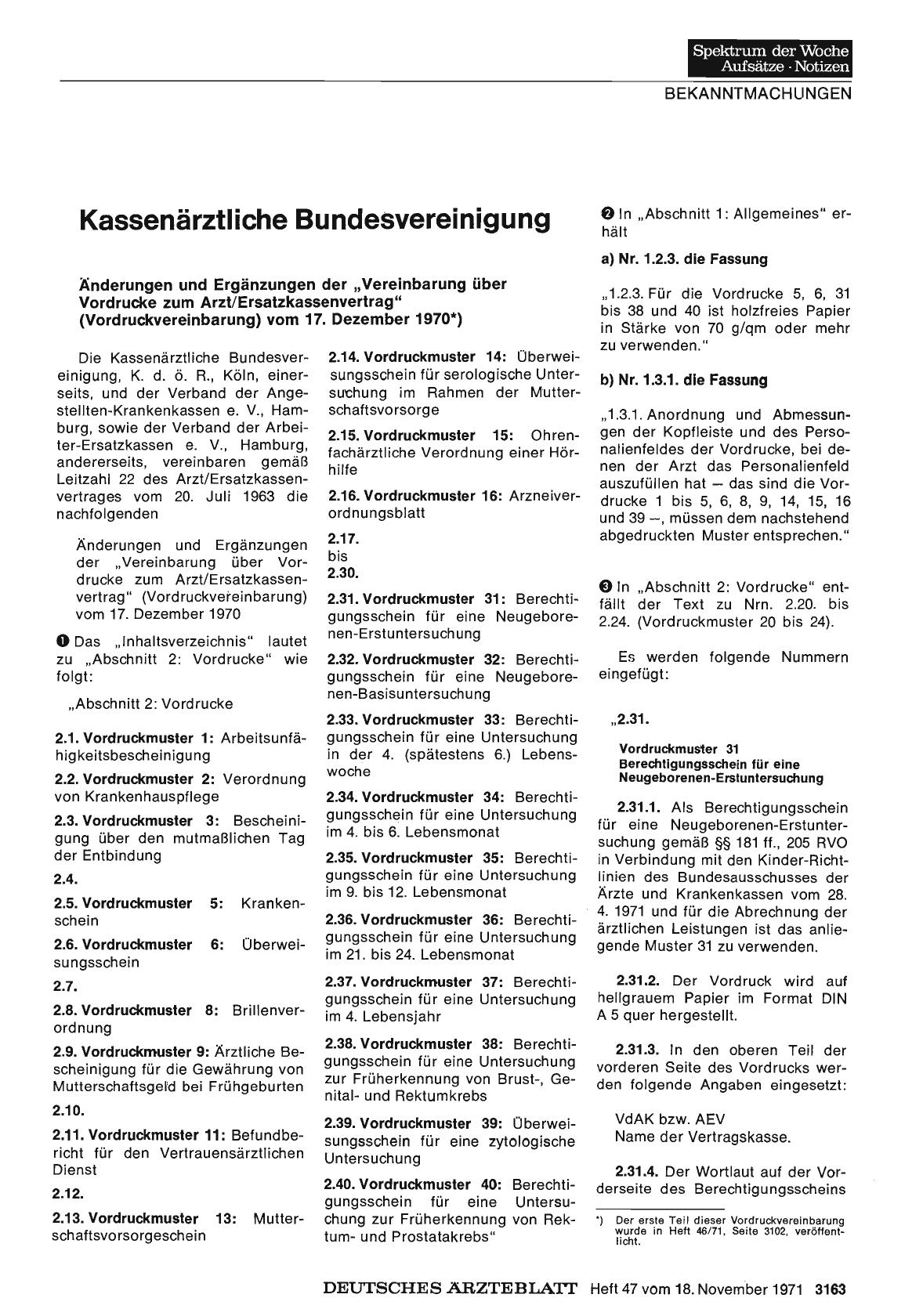 Vorschauseite 1: Kassenärztliche Bundesvereinigung: Änderungen und Ergänzungen der „Vereinbarung über Vordrucke zum Arzt/Ersatzkassenvertrag"