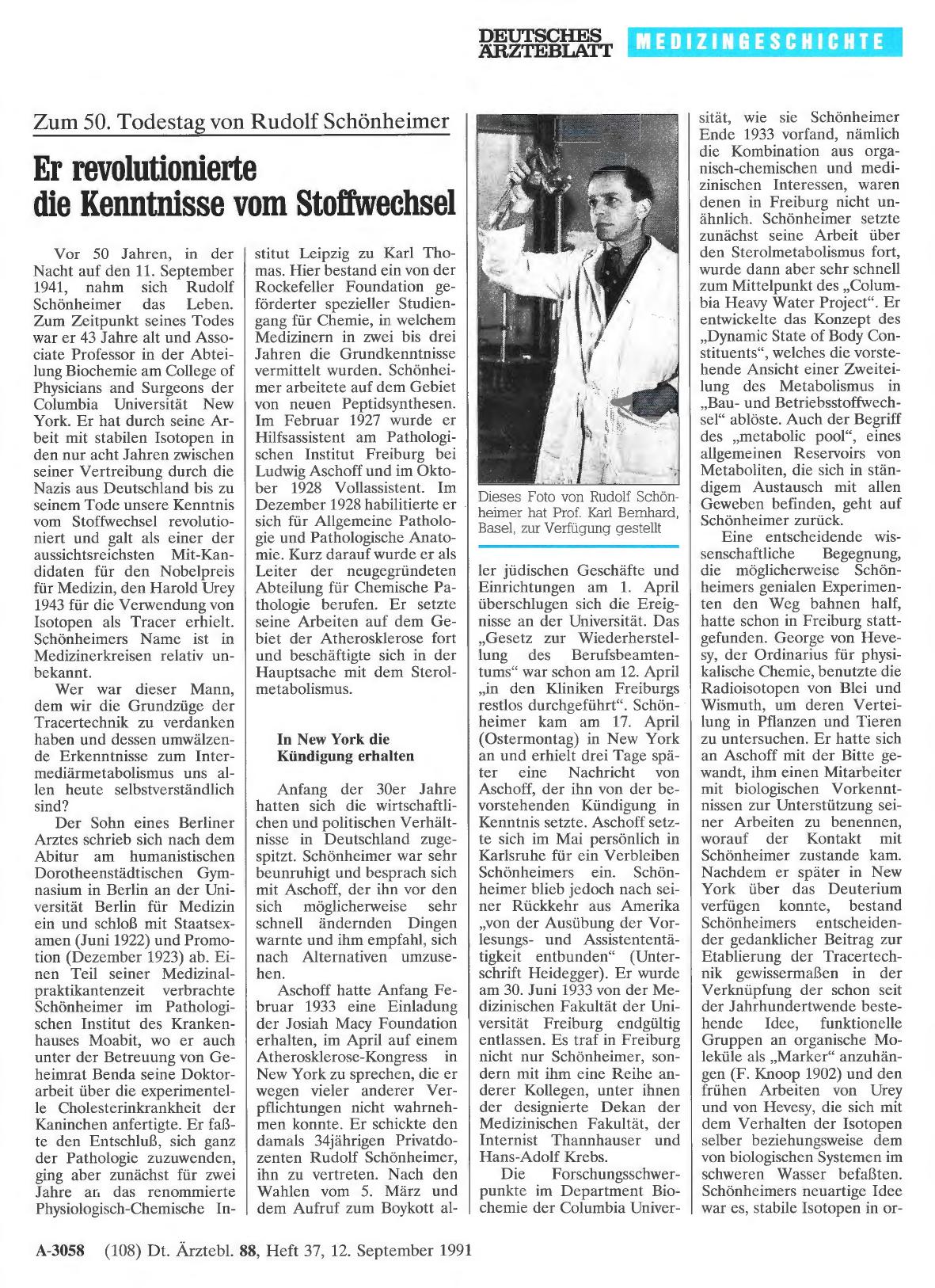 Vorschauseite 1: Zum 50. Todestag von Rudolf Schönheimer: Er revolutionierte die Kenntnisse vom Stoffwechsel