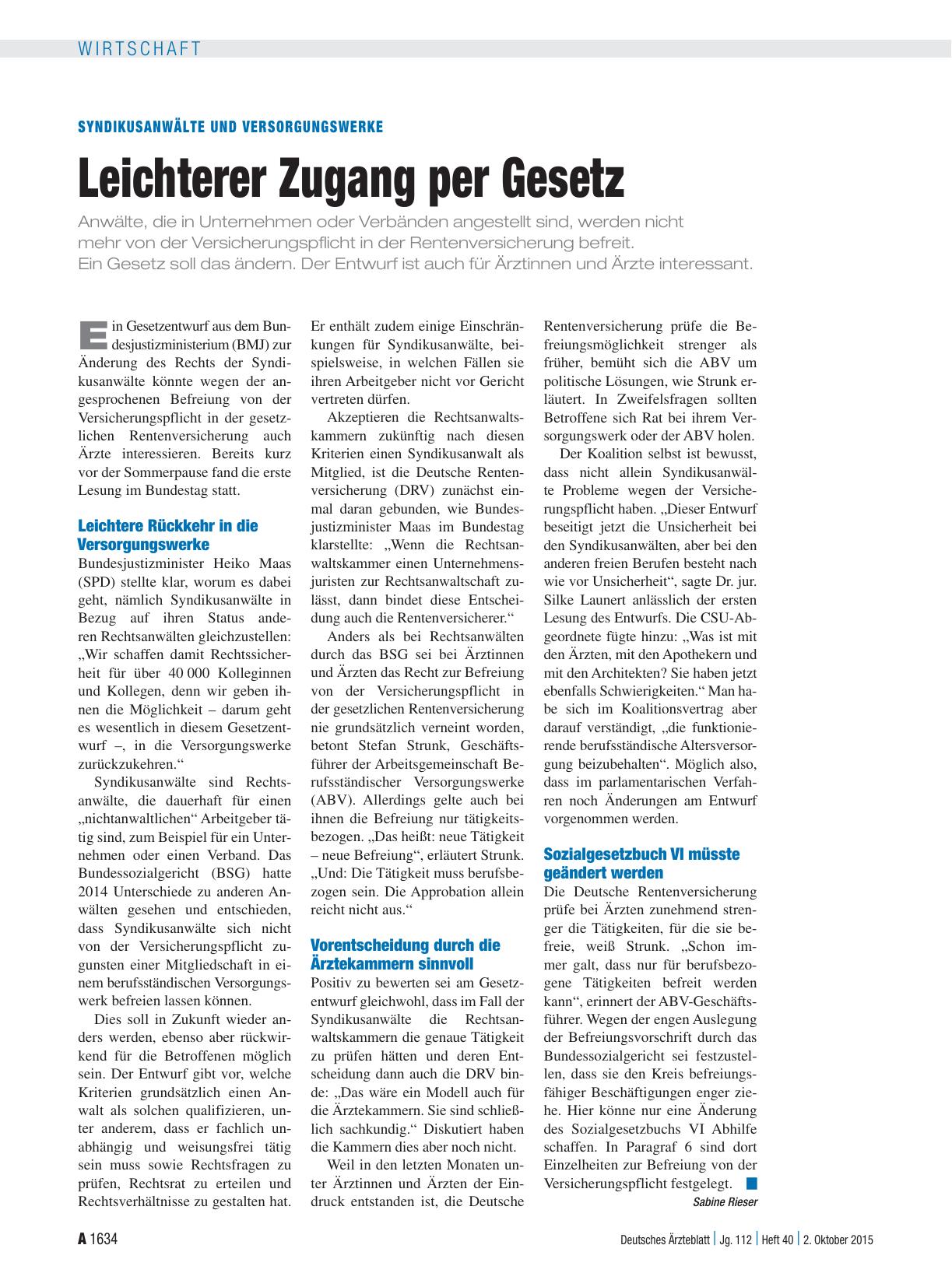 Vorschauseite 1: Syndikusanwälte und Versorgungswerke: Leichterer Zugang per Gesetz