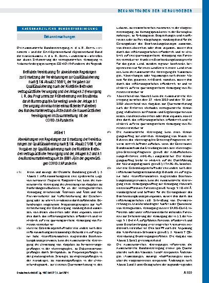 Vorschauseite 1: Befristete Vereinbarung für abweichende Regelungen zur Umsetzung der Vereinbarungen zur Qualitätssicherung nach § 135 Absatz 2 SGB V, der Vorgaben zur Qualitätssicherung nach der…