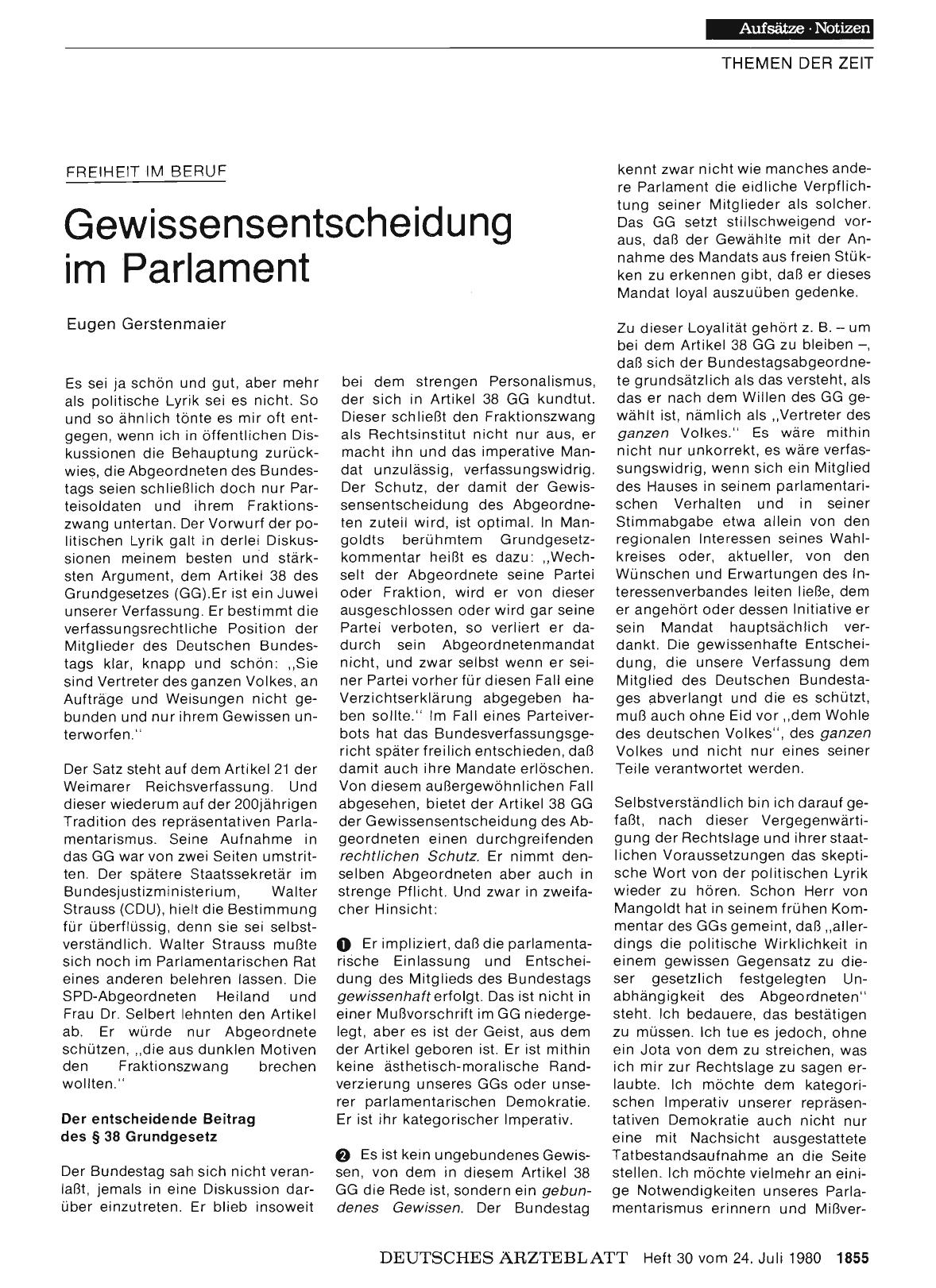 Vorschauseite 1: Freiheit im Beruf: Gewissensentscheidung im Parlament