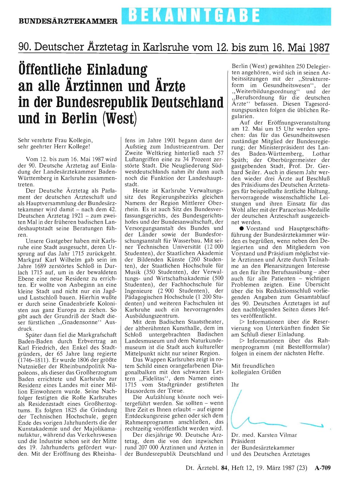 Vorschauseite 1: 90. Deutscher Ärztetag in Karlsruhe vom 12. bis zum 16. Mai 1987 Öffentliche Einladung an alle Ärztinnen und Ärzte in der Bundesrepublik Deutschland und in Berlin (West)