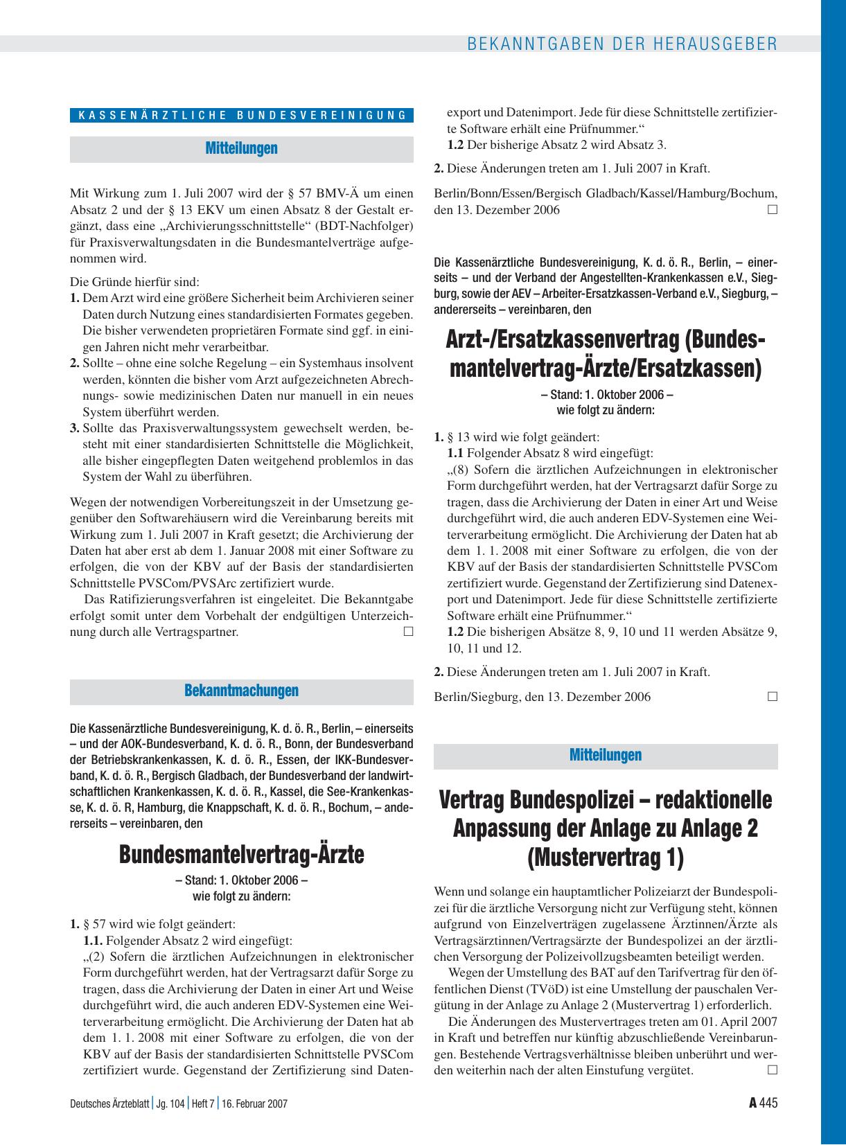 Vorschauseite 1: Bekanntmachungen: Änderung Bundesmantelvertrag-Ärzte – Stand: 1. Oktober 2006 –