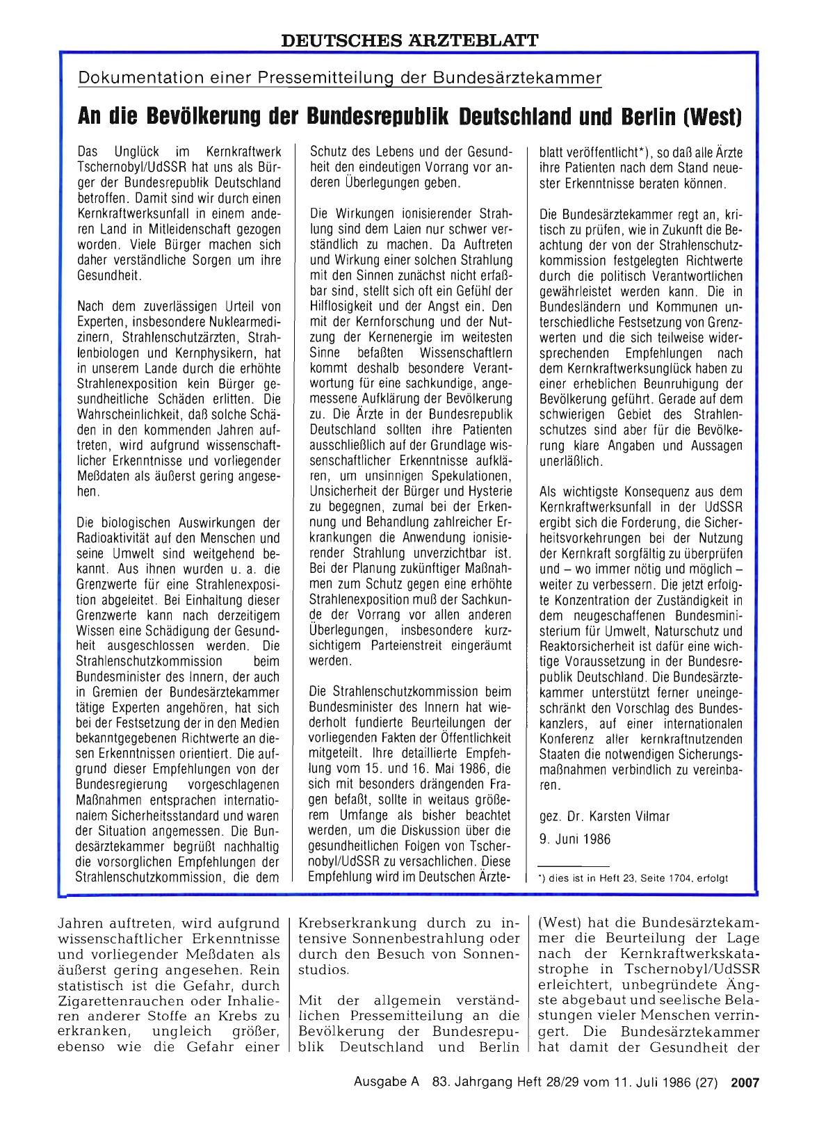 Vorschauseite 1: Dokumentation einer Pressemitteilung der Bundesärztekammer: An die Bevölkerung der Bundesrepublik Deutschland und Berlin (West)