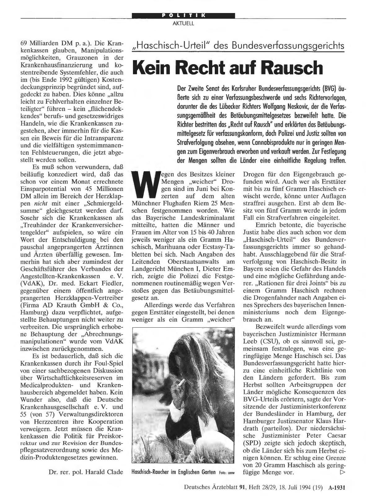 Vorschauseite 1: Haschisch-Urteil“ des Bundesverfassungsgerichts: Kein Recht auf Rausch