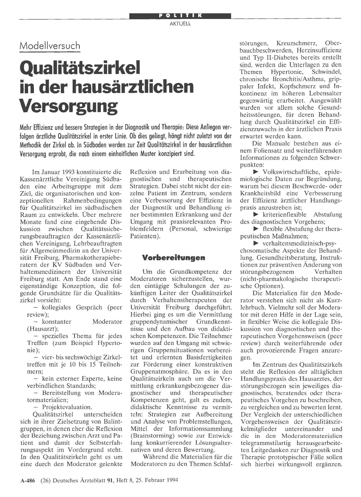 Vorschauseite 1: Modellversuch: Qualitätszirkel in der hausärztlichen Versorgung