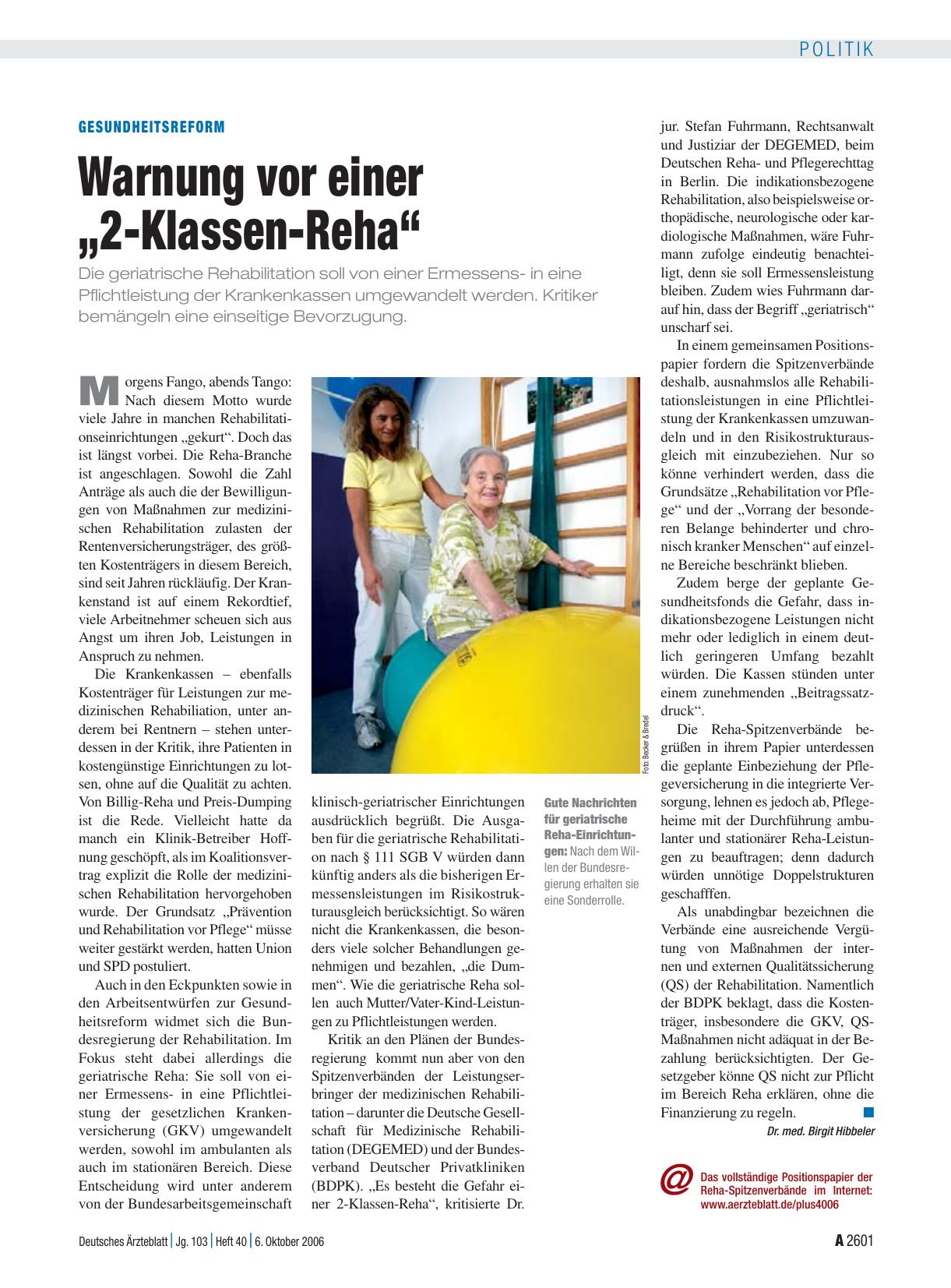 Vorschauseite 1: Gesundheitsreform: Warnung vor einer „2-Klassen-Reha“
