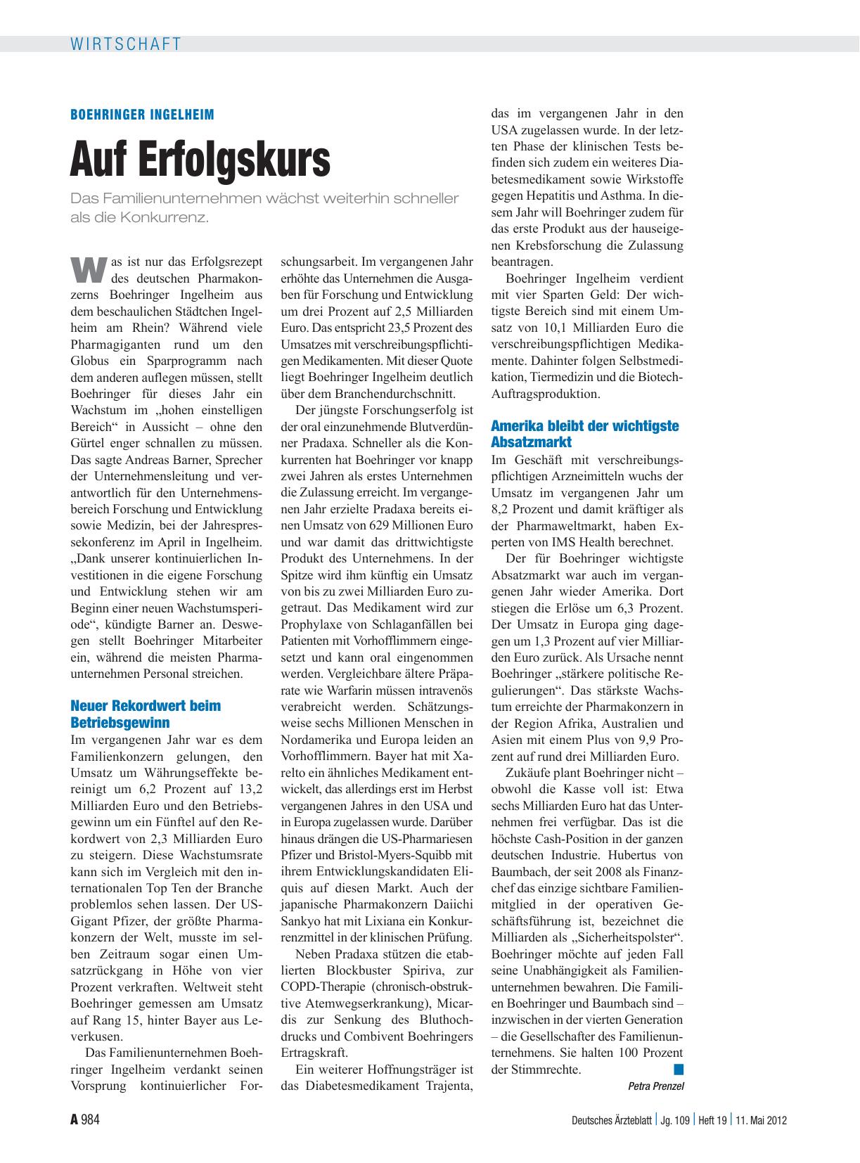 Vorschauseite 1: Boehringer Ingelheim: Auf Erfolgskurs