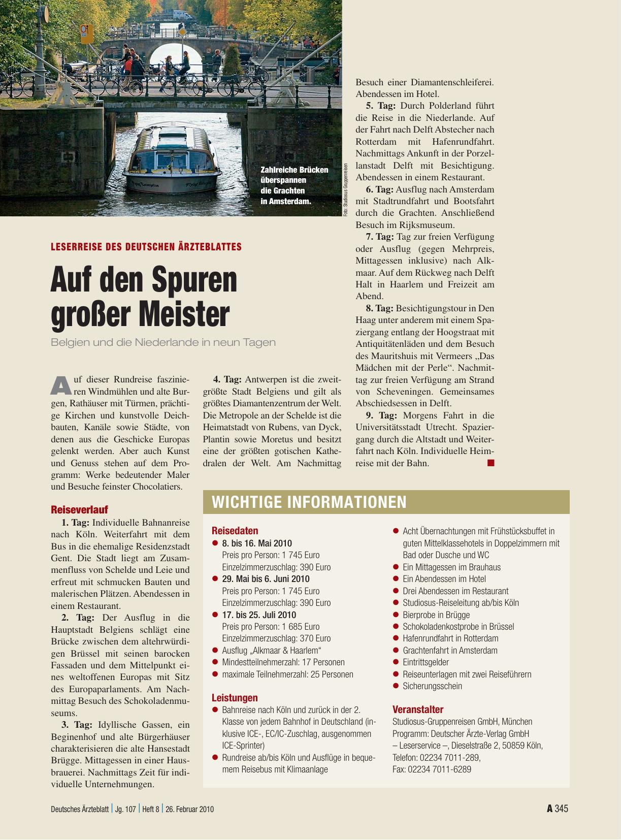 Vorschauseite 1: Leserreise des Deutschen Ärzteblattes: Auf den Spuren großer Meister