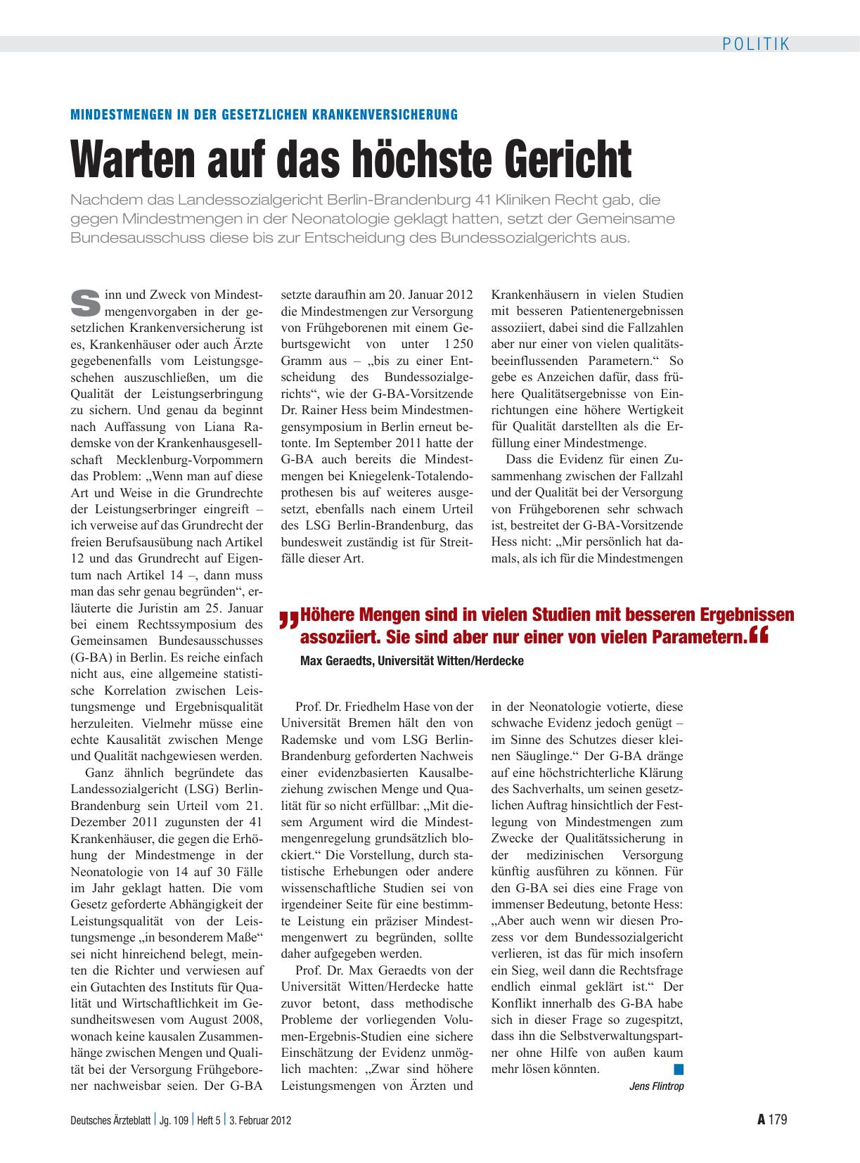 Vorschauseite 1: Mindestmengen in der Gesetzlichen Krankenversicherung: Warten auf das höchste Gericht