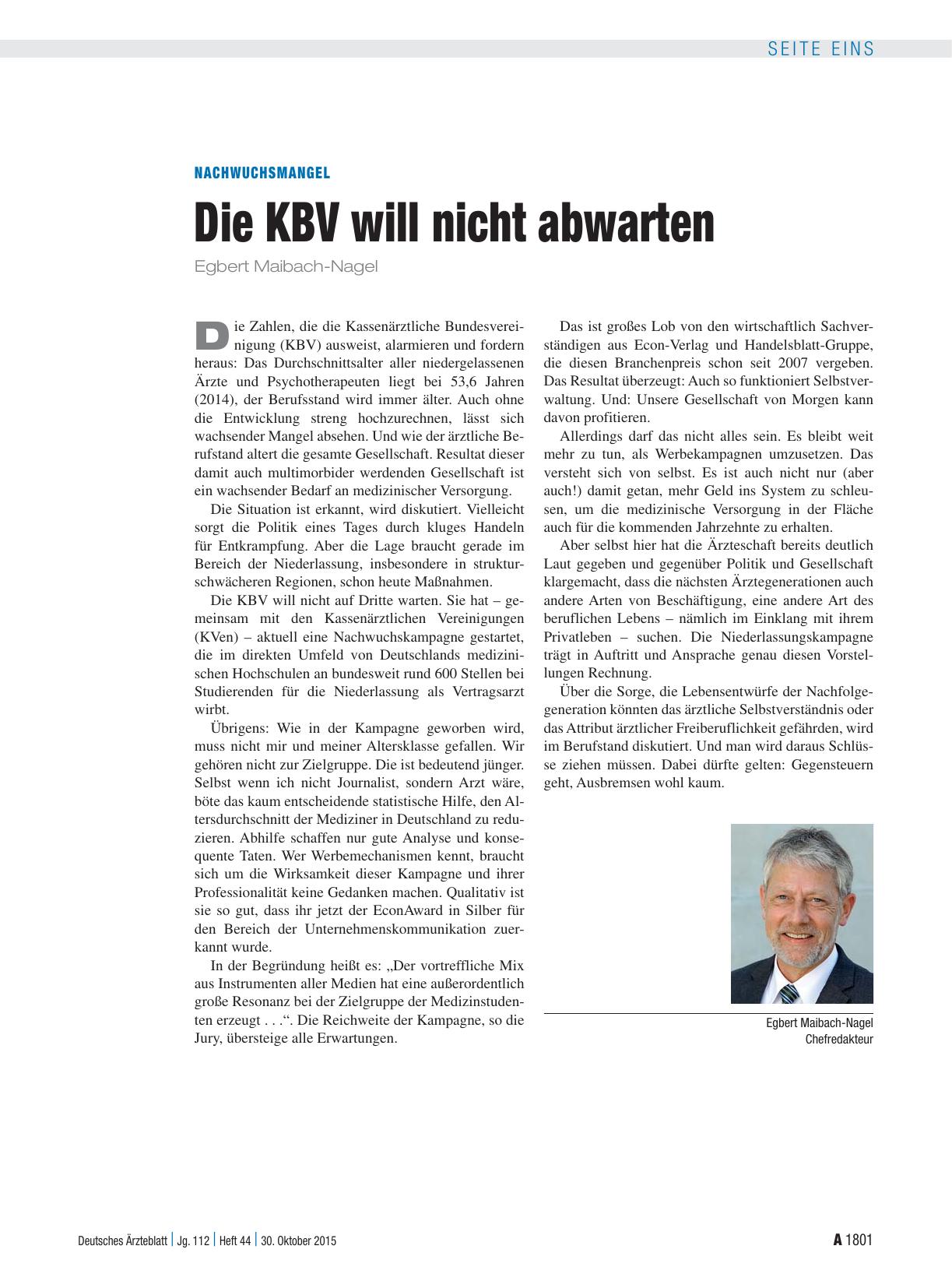 Vorschauseite 1: Nachwuchsmangel: Die KBV will nicht abwarten