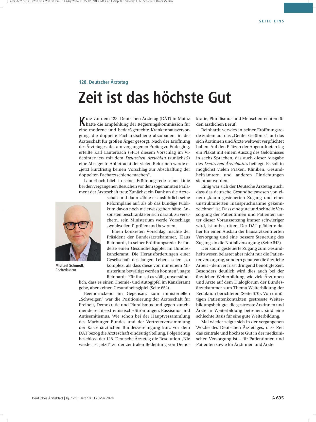 Vorschauseite 1: 128. Deutscher Ärztetag: Zeit ist das höchste Gut