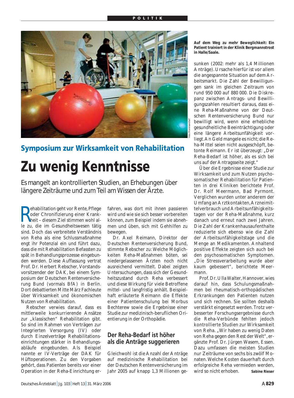 Vorschauseite 1: Symposium zur Wirksamkeit von Rehabilitation: Zu wenig Kenntnisse
