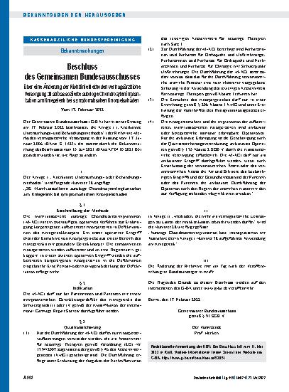 Vorschauseite 1: Beschluss des Gemeinsamen Bundesausschusses über eine Änderung der Richtlinie Methoden vertragsärztliche Versorgung: Matrixassoziierte autologe Chondrozytenimplantation am Kniegel…