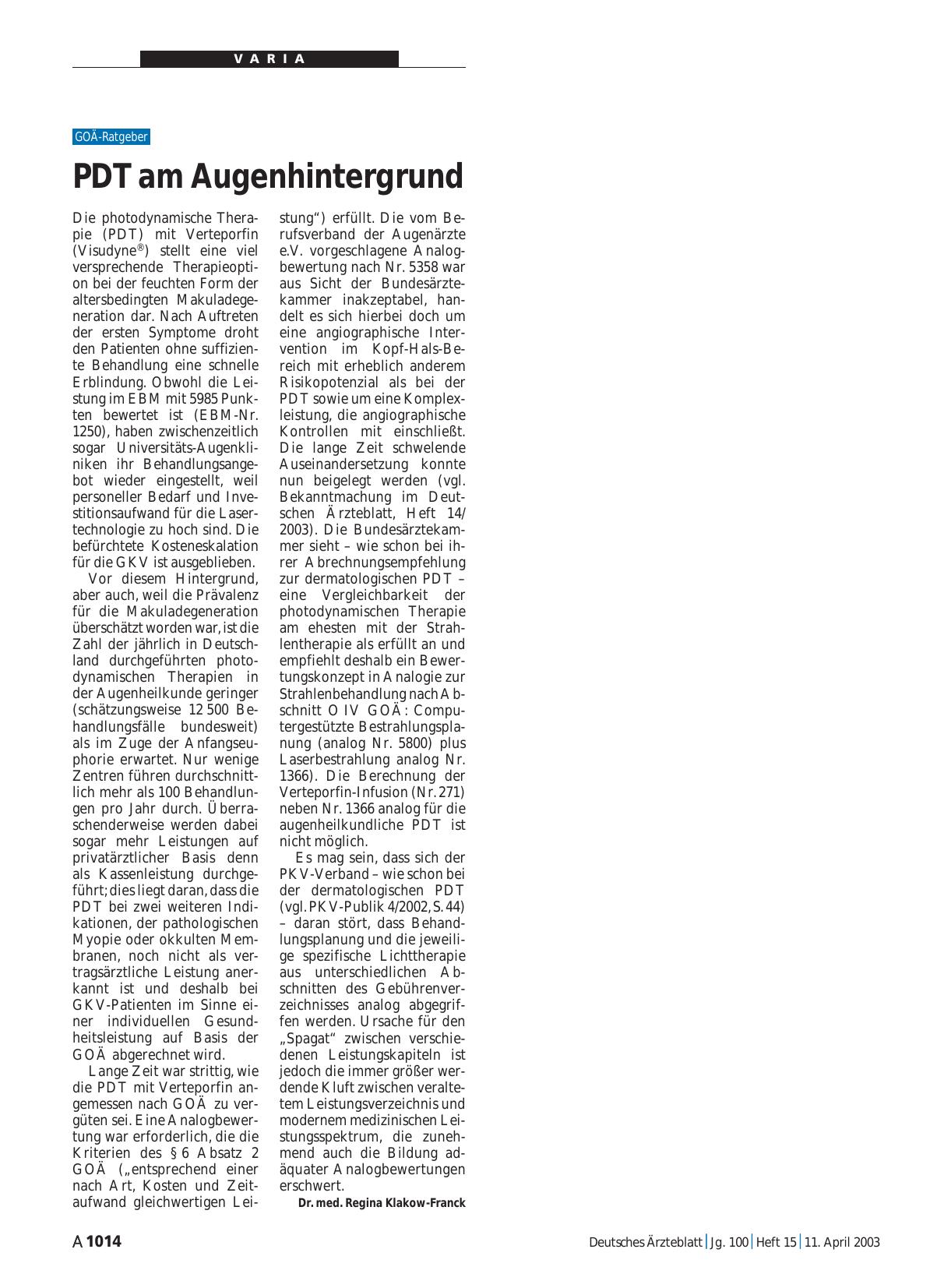 Vorschauseite 1: PDT am Augenhintergrund