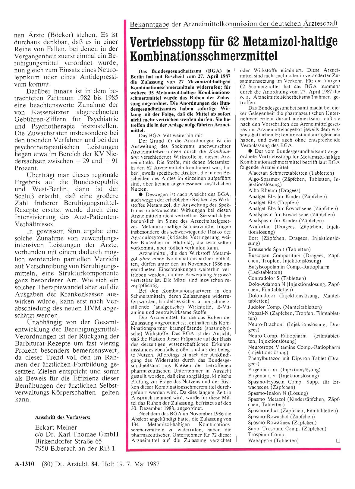 Vorschauseite 1: Bekanntgabe der Arzneimittelkommission der deutschen Ärzteschaft: Vertriebsstopp für 62 Metamizol-haltige Kombinationsschmerzmittel